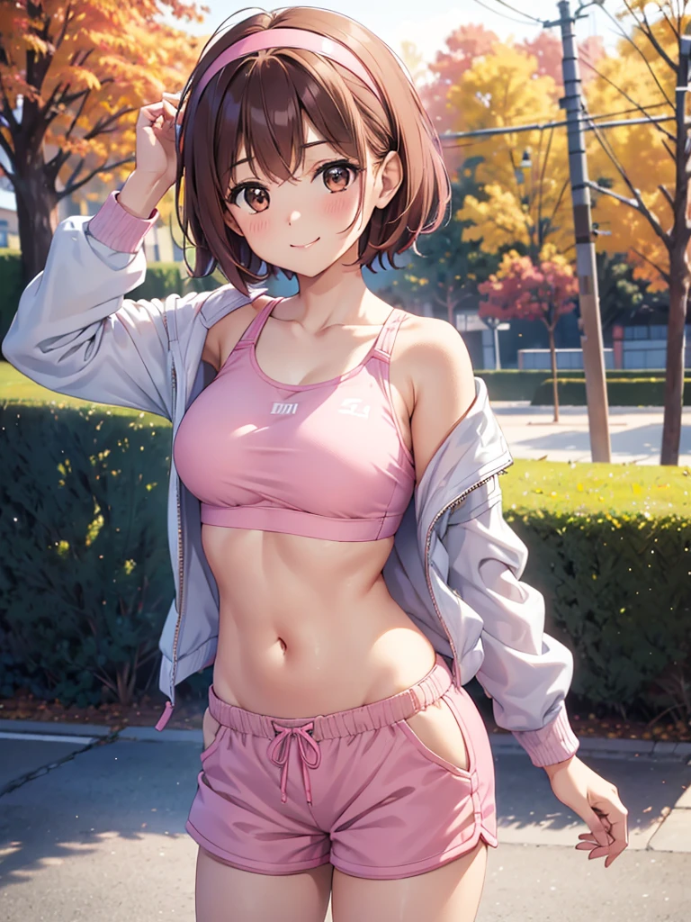 4K,cute, Brown Eyes ,Brown Hair,20-year-old woman,solo, pink sports bra , pink shorts,I'm wearing a pink hair band,smile,B Cup, short hair, looking at the camera ,Blurred Background, autumn park,Put on your jacket,