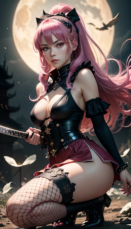 (score_9,score_8_up,score_7_up),absurdres,masterpiece,best quality, source anime, rating_safe,
oppelganger,cinematic angle,
ninja posing,one knee,holding a short katana,slightly smile,
1girl,18yo,cute, medium breasts,beautiful pink eyes, BREAK (bright pink hair:1.2), long hair,ponytail,floating hair,white flower hair ornament,black hair ribbon,
Ninja,outer is kunoichi outfit,no sleeves,Gothic Lolita fashion,black and Magenta costume with many frills,inner is Chain mail,hauberk,perfect clothes,ninja headband,fishnet tights,
Authentic skin texture,shiny skin,night,fantastic atmosphere, detailed background,japanese Castle,blue moon lighting,((high_quality)), ((Super_Detailed)),dispersion of light, scattering of light,perfect hands,