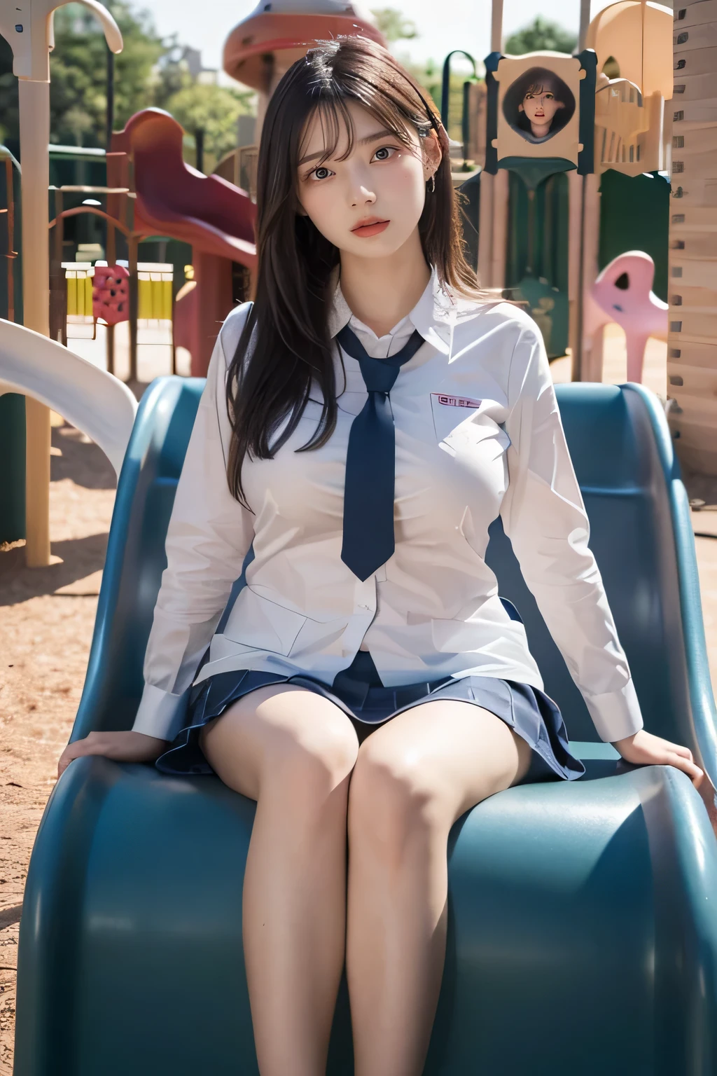 Masterpiece, 8K, High school girl, Photorealistic, (Plump breast:1.3), (sitting in (playground) slide  with her legs spread wide:1.3), (( shot from the bottom of the front)), (From below:1.3), medium  hair, School uniform, staring at viewers, Red face, 