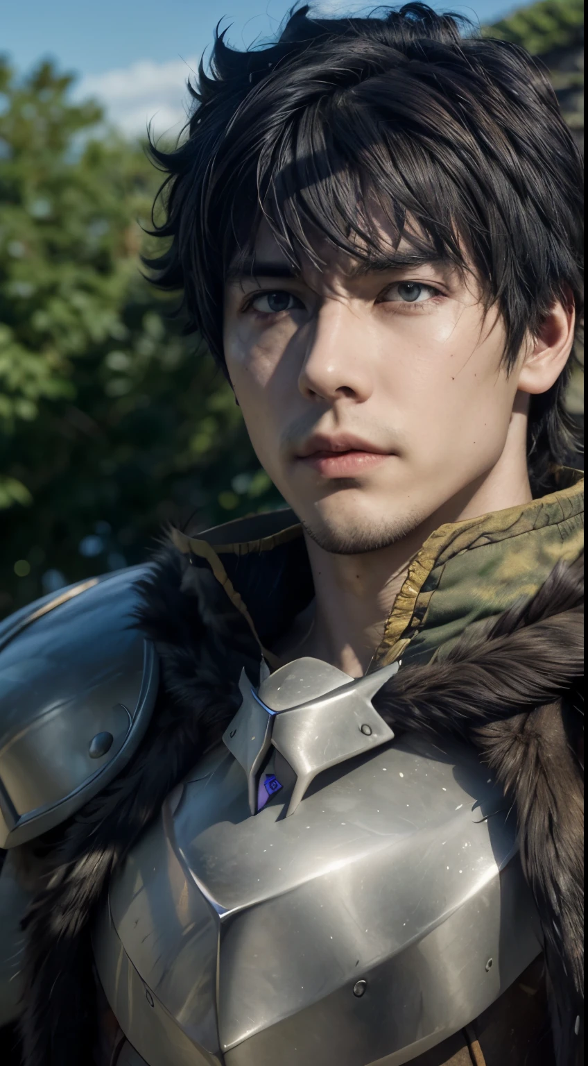 realistic,  detailed texture,Detailed pele, detailed eyes, a man, 25 years,  Naofumi Iwatani, With your armor, Fotografia super realistic,  The best quality , Full HD, 8k
