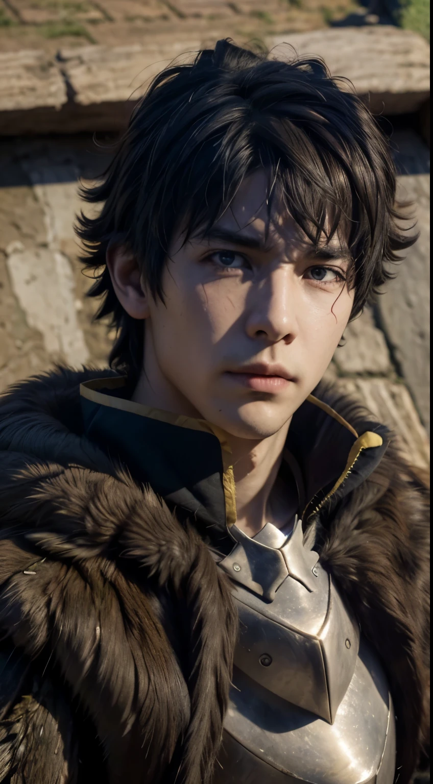 realistic, detailed texture,Detailed pele, detailed eyes, a man, 25 years, Naofumi Iwatani, With your armor, Fotografia super realistic, The best quality , Full HD, 8k
