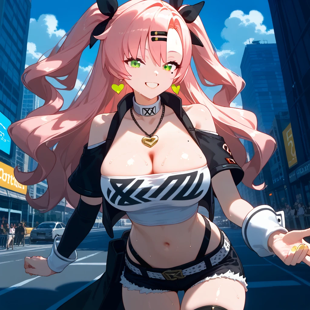 score_9,score_8_up,score_7_up,score_6_up,quality_masterpiece,quality_best,1girl,large breasts,navel,shoulder,nicole demara,/Zenless Zone Zero/,pink hair,long hair,wavy hair,two side up,light green eyes,glamor,
BREAK
(Textured skin:1.2),mole in the chest,hair clip,necklace,black jacket,shoulder cutout,short sleeves,tube top,strapless,black shorts,sweat,white collar,droopy eyes,(CG:1.2),ultimate beauty,adult face,Smile,beautiful fingers,beautiful hands,print crop top,
BREAK
high belt,thigh strap,single thighhigh,torn thighhigh,detached sleeves,wrists cuffs,golden earrings,heart earrings,white_skin,cowboy shot,(curvy:1.2),sweat,short eyebrows,narrow eyes,beautiful eyes,looking at camera,shiny skin,quality_commercial,teen,tehepero,city,day,street,
BREAK
official clothes,black wide choker,