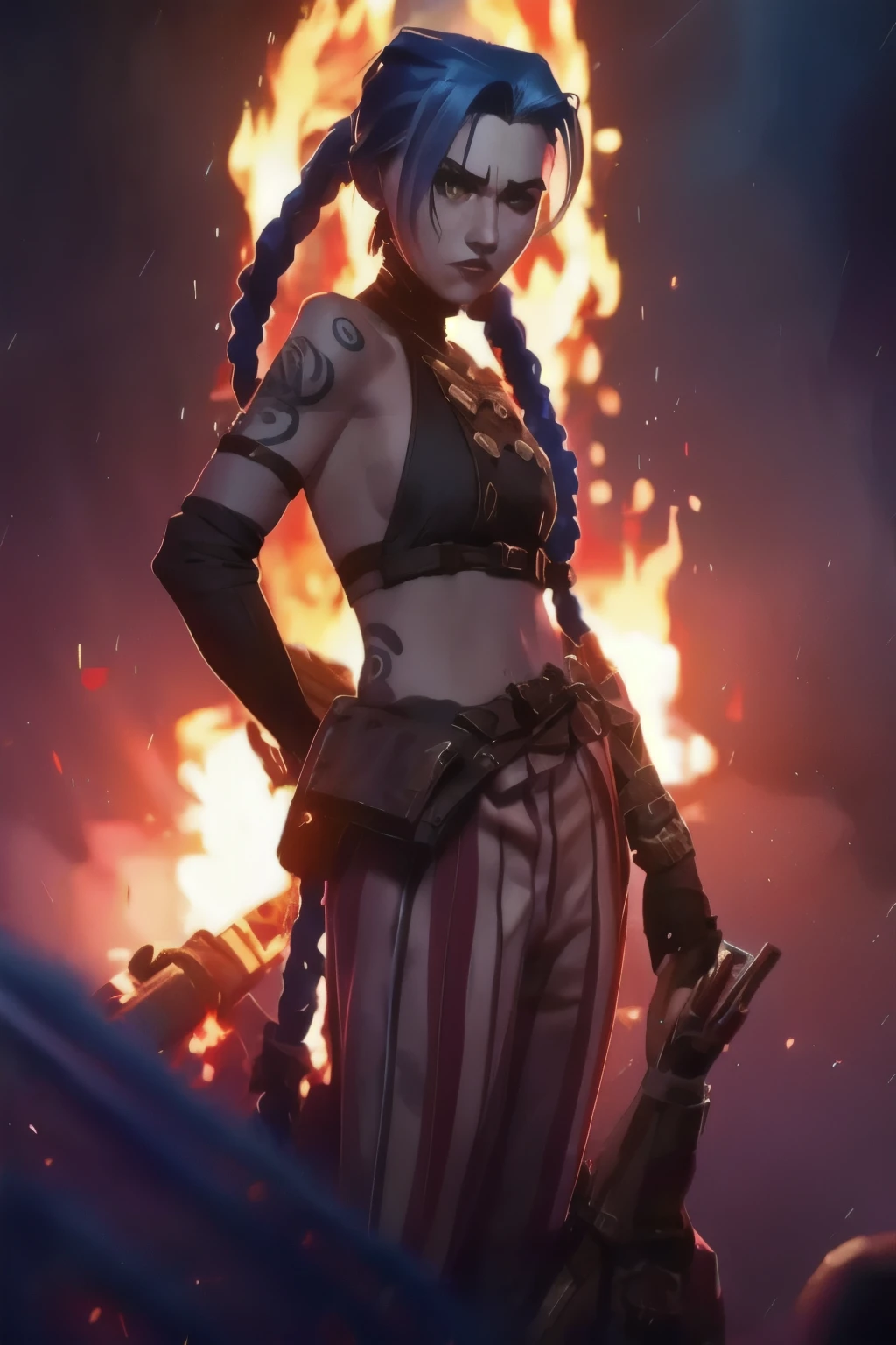 Jinx. Jinx costume, twin long braids, tattoo . Best quality, detailed, intricate, 4K. ((Cinematic flames and explosion Background)). 