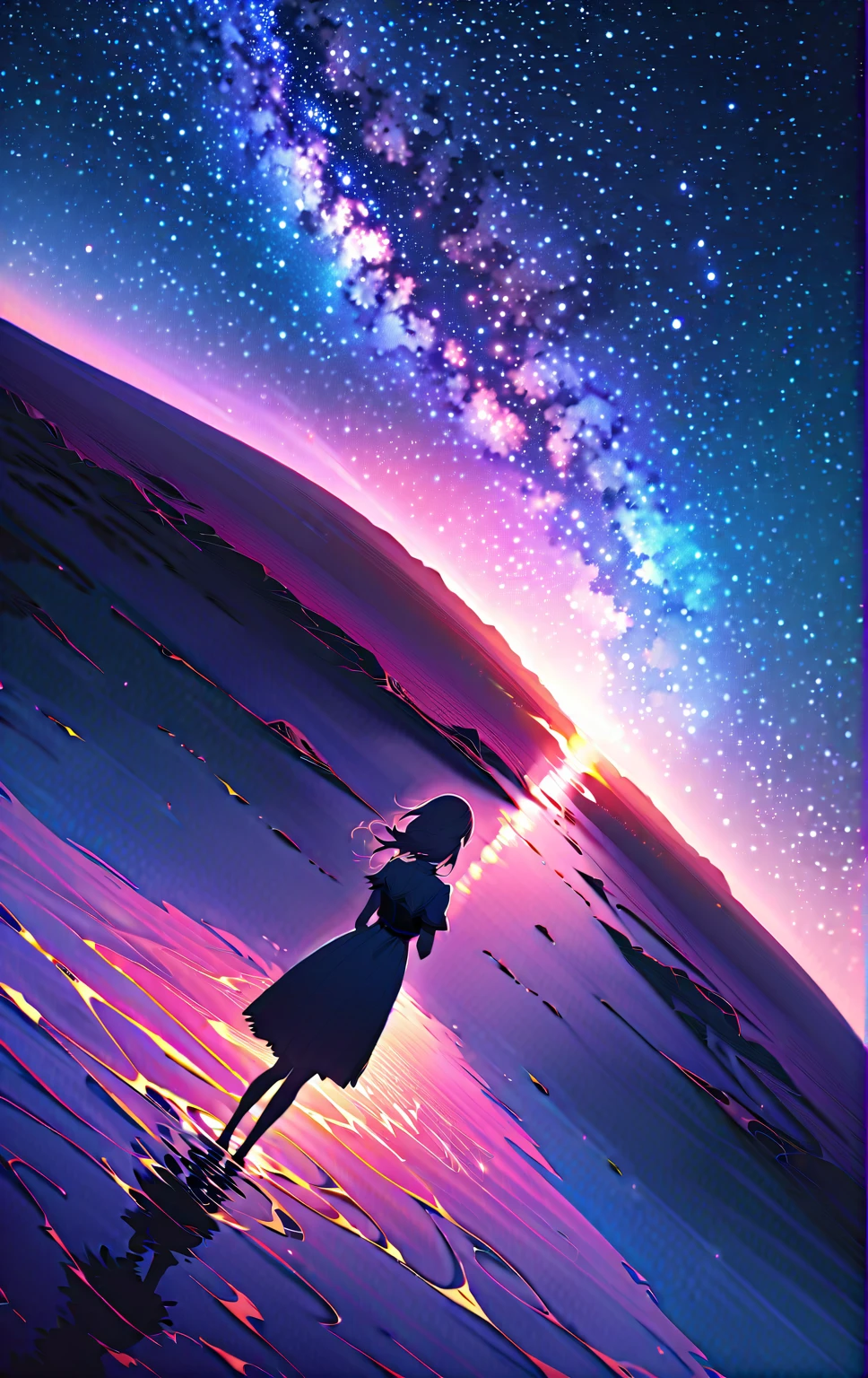 Official Art, Integrated 8K wallpapers,  very detailed,  masterpiece,  best image quality，Ultra Wide Angle，night， girl bust up,Clear your face ，Standing by the salt lake，The water is like a mirror，Reflecting the sky,Look up at the sky，The Milky Way is in the sky， dynamic angle that kept getting violated, Grace,  bright color