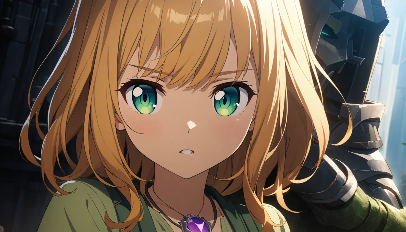 1girl, green eyes, purple pendant, orange hair, medium hair +++ yellow pantyhose, green dress,  light green shirt, green boots Hiding face with arm, looking to the side, extremely quality extremely detailed, illustration, cute anime face cinematic lighting, Portrait , Practical,  blue eyes ,  blond hair, Center of chest, 4K resolution,  High Quality CG, Beautiful CG, Soft light,  Octane Rendering 