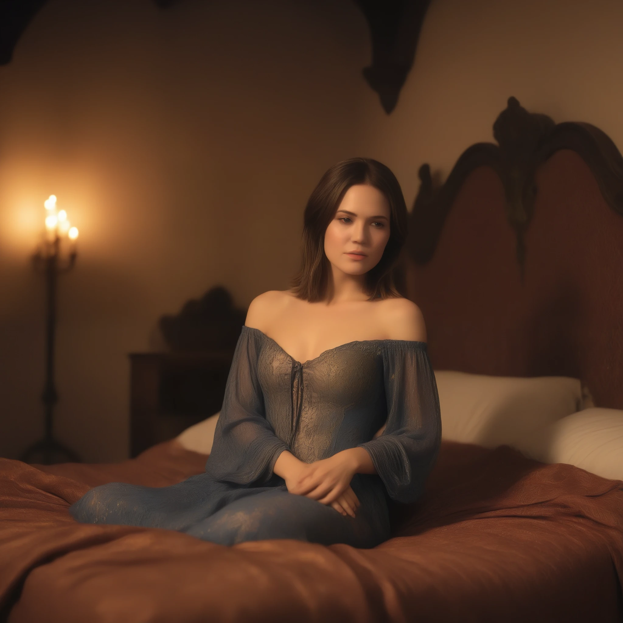 best quality, highres, 8k, masterpiece, photography, detailed midbody photorealistic portrait of Mandy Moore as Leliana from Dragon Age, seated on the edge of a grand four-poster bed within a castle bedroom, softly lit by flickering candles. Her auburn bob is styled loosely, framing her face. She wears delicate blue lace lingerie with intricate embroidery that hints at religious symbols, subtly echoing her Chantry background. The room is adorned with tapestries and old tomes, with a lute leaning against the bedpost, adding touches of Leliana's character to the serene, intimate setting. 40 years old, (real skin texture: 1.3), (slender figure: 1.1), six-pack abs, (Immersive Ambience, Chiaroscuro: 1.5, Dim Light: 1.2, Glow Lighting), (Bokeh: 1.5), Blurred, high contrast, (Fuji colours: 1.5), film grain