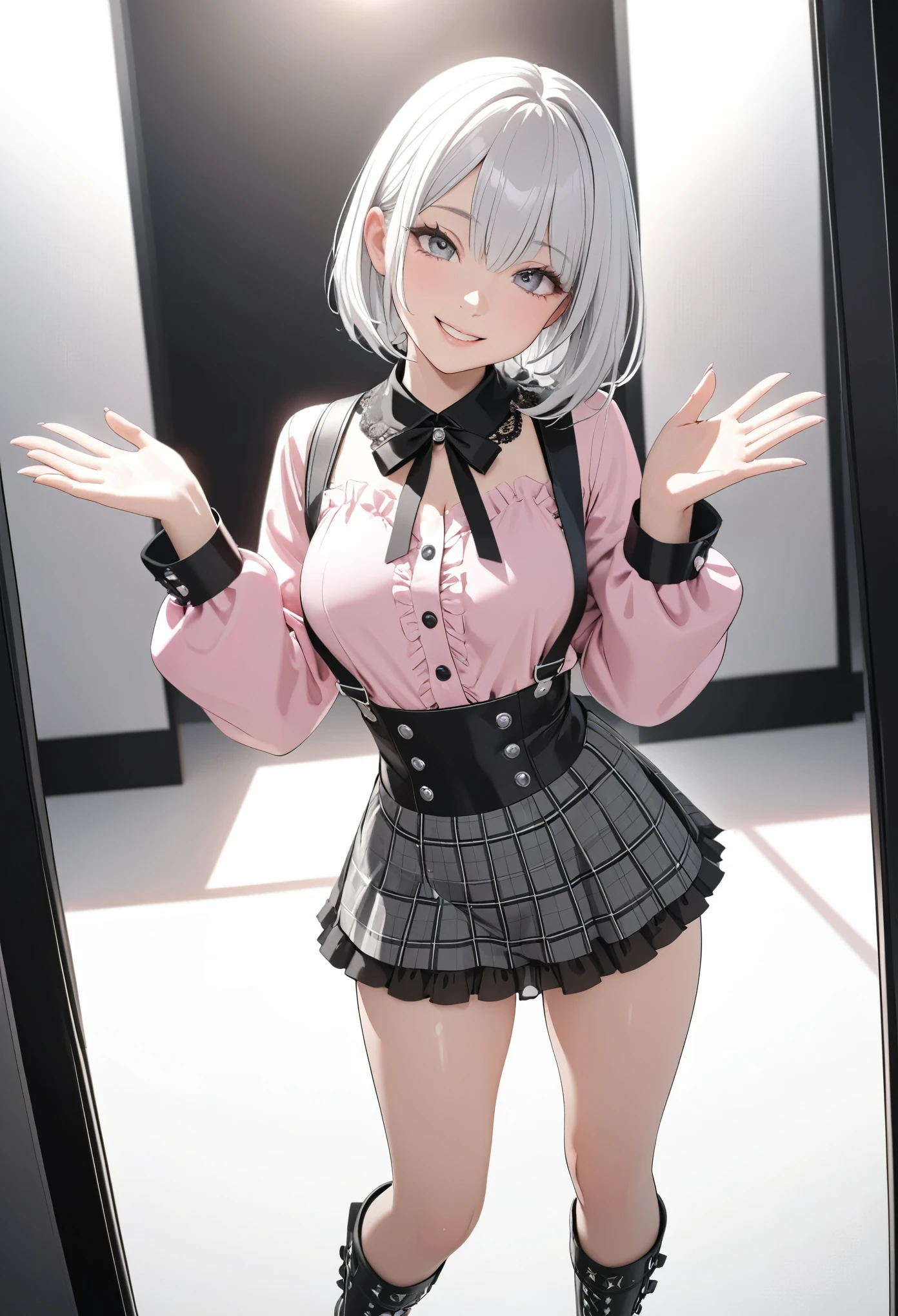 1 Japanese girl, ((shiny silver hair)), bob cut, bang between eyes, beautiful hair), (glossy silver eyes:1.5), (beautiful eyes, twinkle eyes, large eyes), (athlete body, large breasts), cute face, beautiful face, pretty face, beautiful, good anatomy, long eyelashes, expressive eyes, Perfect Hands, happy, smile, glossy lips, close mouth, perfecteyes
BREAK 1girl, (debangs), (long sleeve pink blouse:1.2), (black_bow, ruffle_collar, plaid_skirt, grey_and_black_plaid, suspenders, buttons), (black lace trim), (heart charm bracelet), (bead bracelet), (platform leather boots),
BREAK 1girl, in front of the young gothic-ta fashion store, bright, beautiful standing pose like a fashion models, close one eyes, happy, reaching for viewer,
BREAK Sketch,UHD, retina, masterpiece, high details, high quality, super detail, best quality, highres, 4K, 8k, cute, beautiful, full body detailed, 32K, high details, perfect lighting, perfect anatomy, sharp outline, high definition, extreme illustration, ambient lights, soft light,