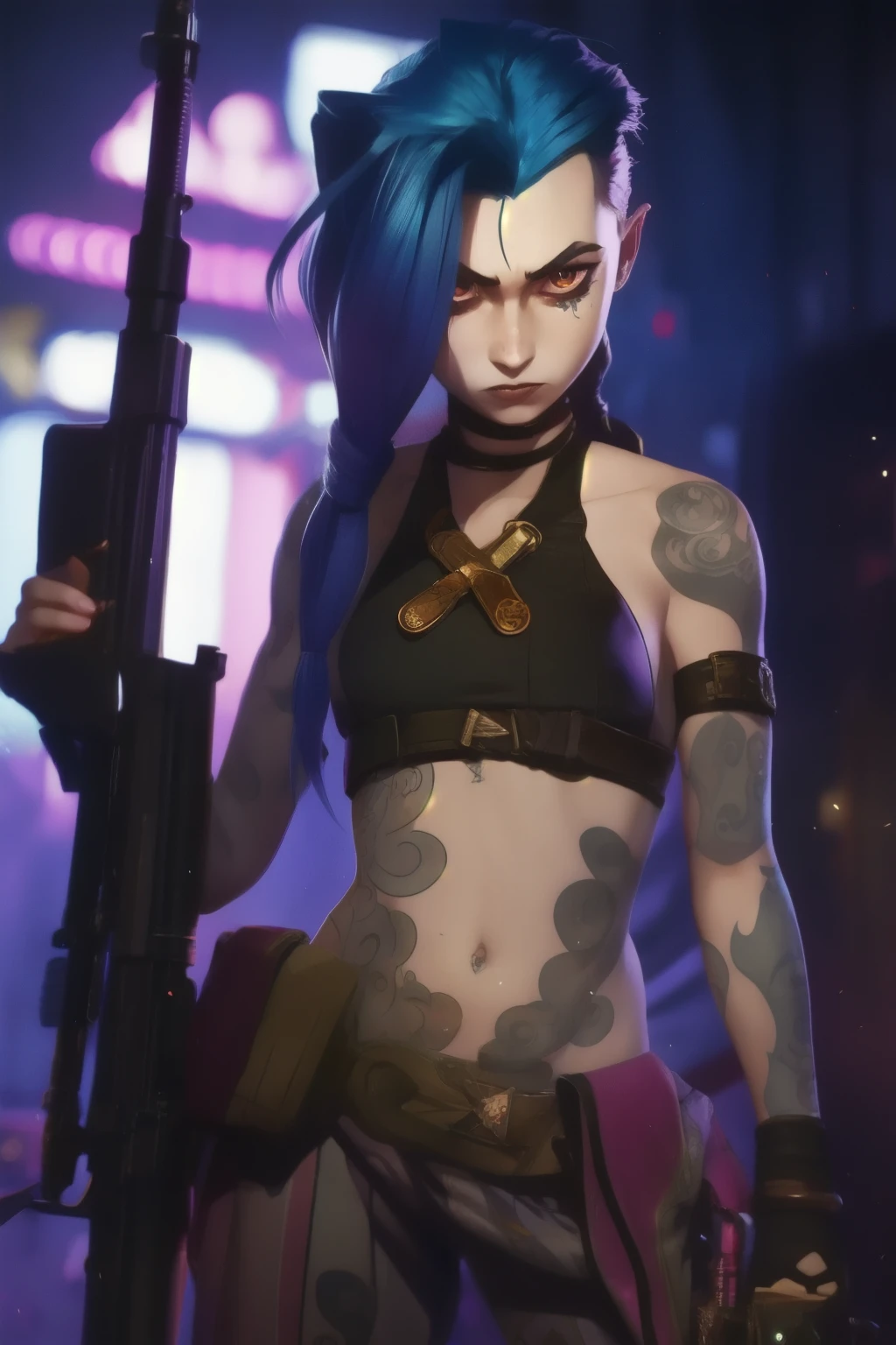 Jinx, Half body shot . Best quality, holding gun, tattoo:0.35, detailed, intricate, 4K.