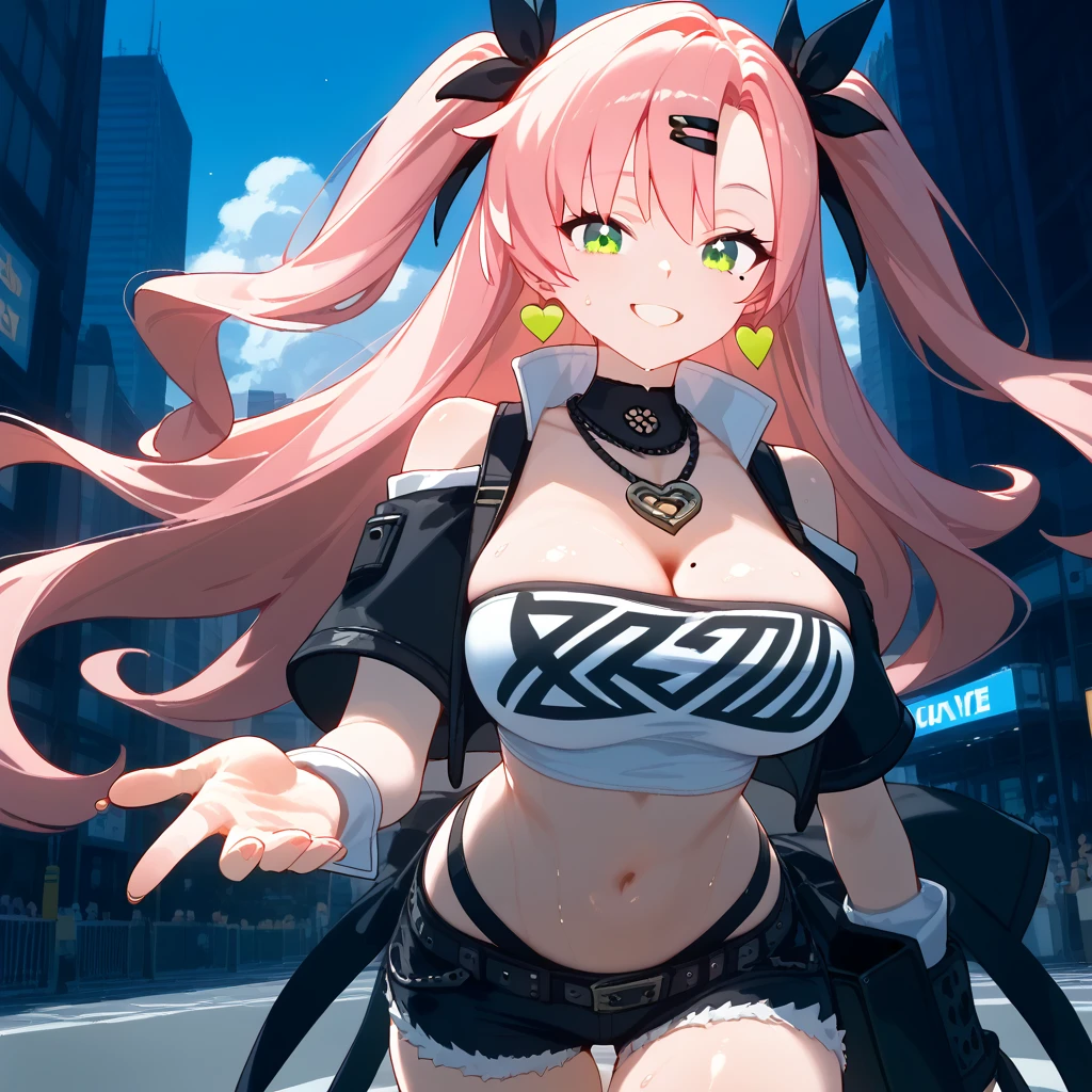 score_9,score_8_up,score_7_up,score_6_up,quality_masterpiece,quality_best,1girl,large breasts,navel,shoulder,nicole demara,/Zenless Zone Zero/,pink hair,long hair,wavy hair,two side up,light green eyes,glamor,
BREAK
(Textured skin:1.2),mole in the chest,hair clip,necklace,black jacket,shoulder cutout,short sleeves,tube top,strapless,black shorts,sweat,white collar,droopy eyes,(CG:1.2),ultimate beauty,adult face,Smile,beautiful fingers,beautiful hands,print crop top,
BREAK
high belt,thigh strap,single thighhigh,torn thighhigh,detached sleeves,wrists cuffs,golden earrings,heart earrings,white_skin,cowboy shot,(curvy:1.2),sweat,short eyebrows,narrow eyes,beautiful eyes,looking at camera,shiny skin,quality_commercial,teen,tehepero,city,day,street,
BREAK
official clothes,black wide choker,