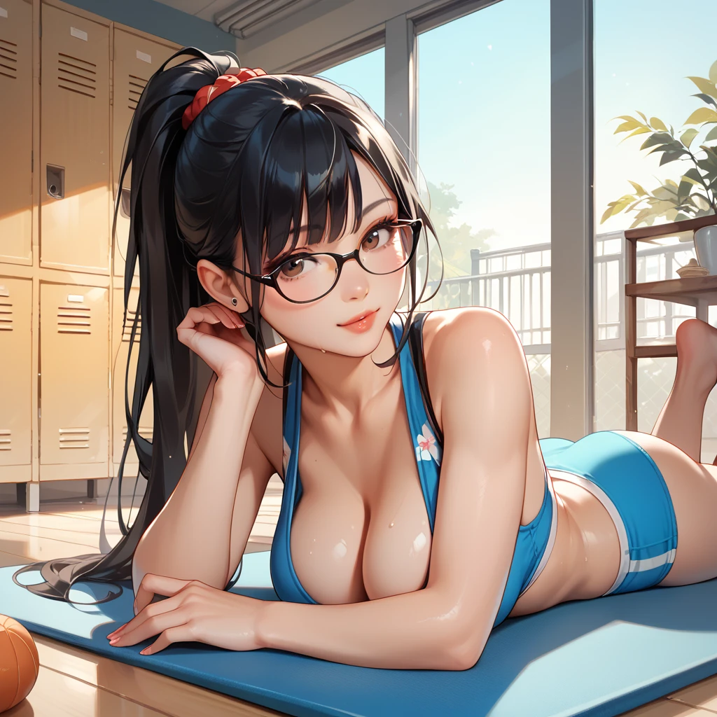 Black Hair,  long hair, ponytail,Glasses,Asian national costume, big breasts at the temple,locker room,Lie on your back on the mat