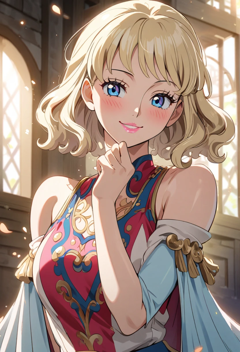  anime style one piece , Female character,  light blond hair is very long and smooth and shines like gold under sunlight, beautiful light blue eyes , Necessary,  High resolution,  Beautiful face with attention to detail , (cute smile), charme, innocent, Blush, pink lips, face and shoulders.