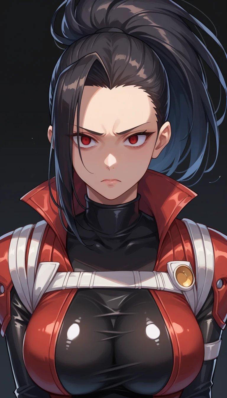  score_9,  score_8_up,  score_7_up,  score_6_up,  score_5_up,  score_4_up, BREAK Source_Anime,yaoyorozu momo, long hair, bangs, black hair, ponytail, high ponytail, wide ponytail,(Red Eyes), Huge breasts, (Evil Depravity),((empty eyes)),expressionless, (stand up), ((Black latex rubber suit)),  black background ,  simple background,