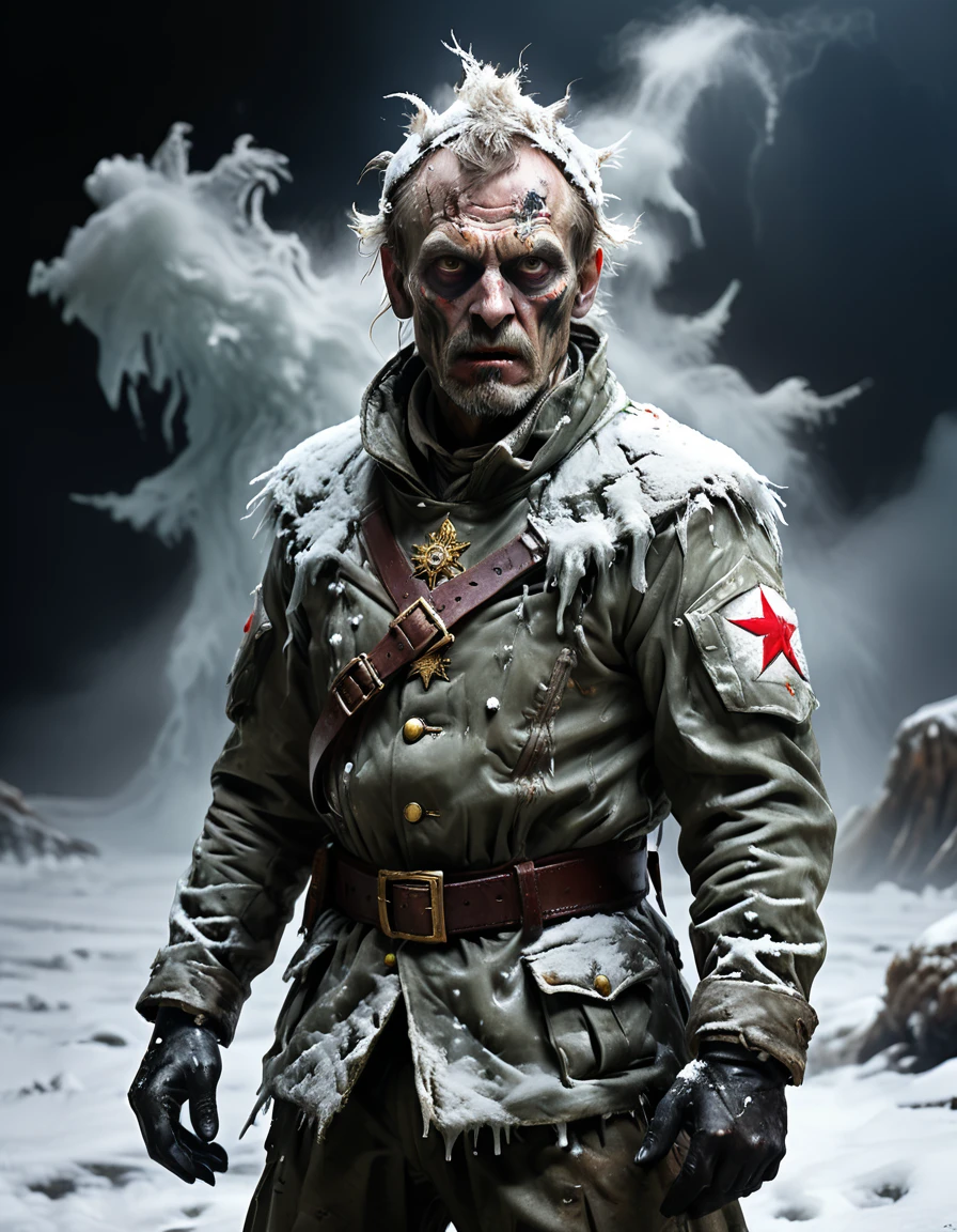 crmu, a zombie dressed in a Russian army clothing wearing no helmets, standing against a black background, he is frozen with snow on his body and clothing, we can see frozen ice particles on his face and body, he is standing in a full standing pose looking straight at the camera by Hendrik Willem Mesdag, inspired by John Pettie, carl critchlow. moody, on the coast, inspired by Willem Maris, inspired by Oswald Achenbach, by Willem Claeszoon Heda
