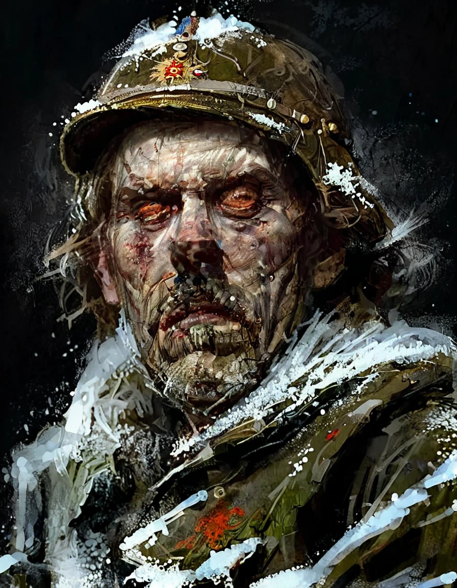 crmu, a zombie dressed in a Russian army clothing wearing no helmets, standing against a black background, he is frozen with snow on his body and clothing, we can see frozen ice particles on his face and body, he is standing in a full standing pose looking straight at the camera by Hendrik Willem Mesdag, inspired by John Pettie, carl critchlow. moody, on the coast, inspired by Willem Maris, inspired by Oswald Achenbach, by Willem Claeszoon Heda
