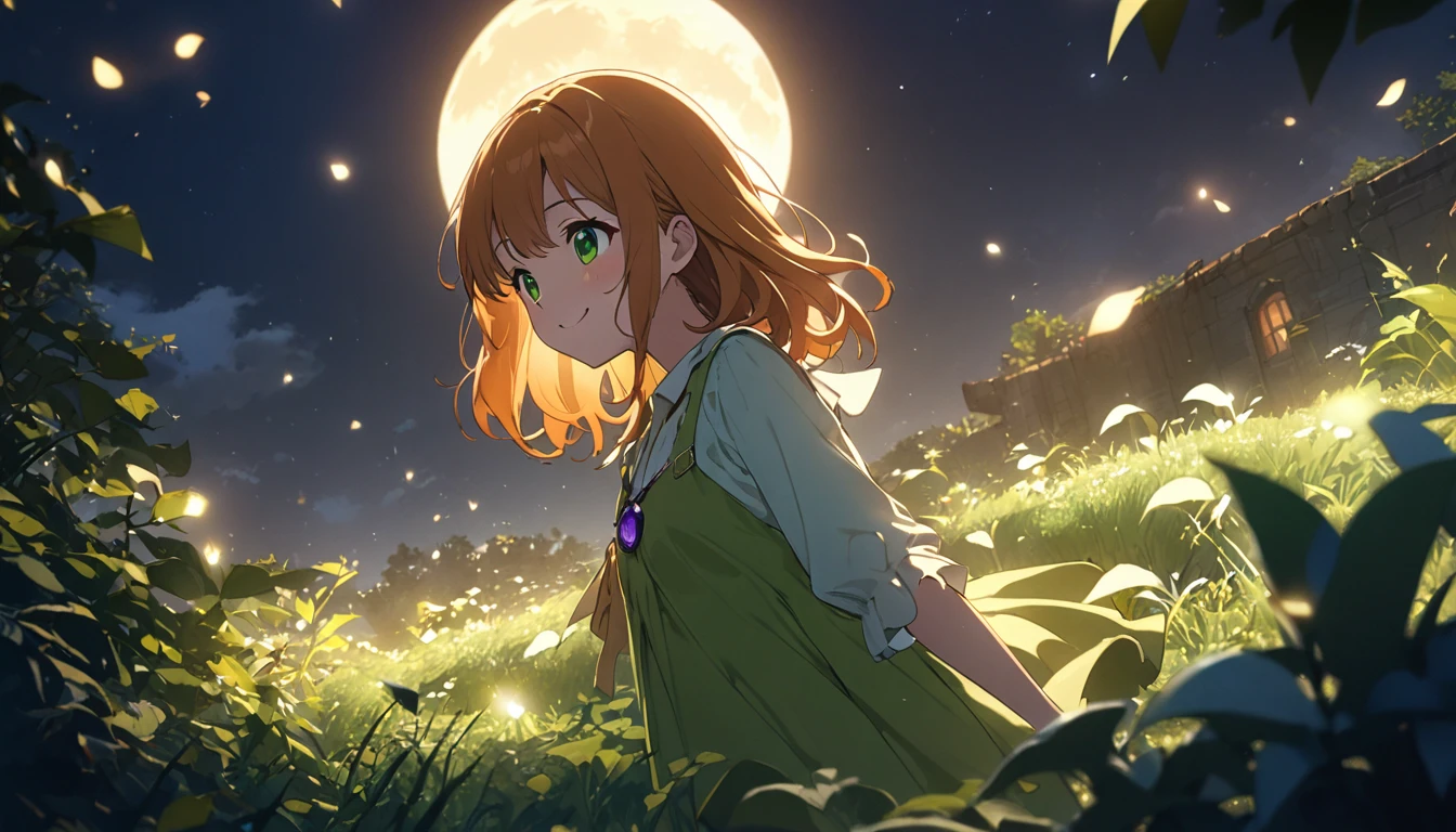 1girl, green eyes, purple pendant, orange hair, medium hair +++ yellow pantyhose, green dress,  light green shirt, green boots Hiding face with arm, looking to the side, extremely quality extremely detailed, illustration, cute anime face cinematic lighting,(masterpiece:1.2),(Anime), Big Moon in the background 、Night Sky、Girl watching the moon、cute、 the girl is illuminated by moonlight、 Great Job 、Light effects,Long Hair,Brown Hair,sweat,smile