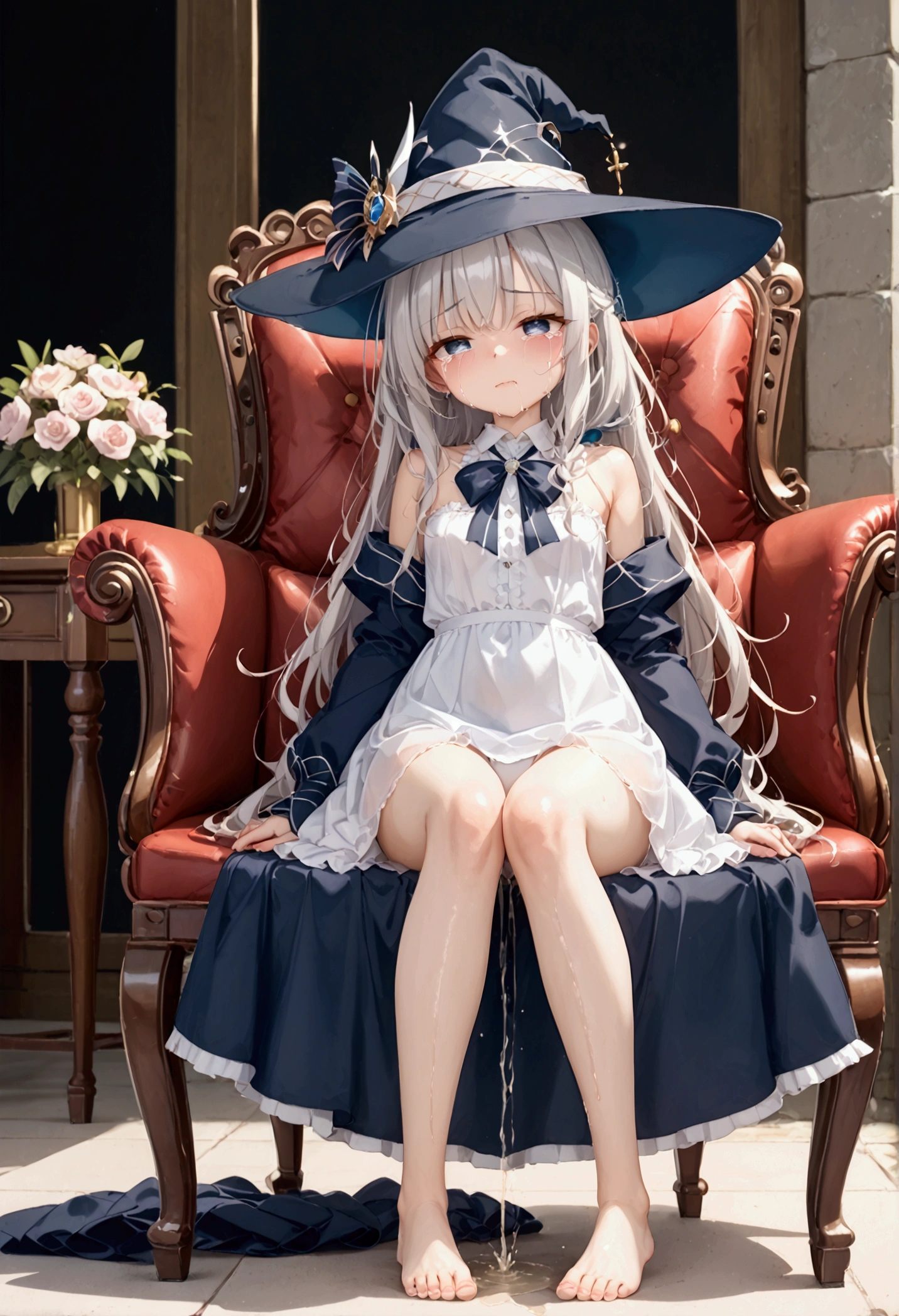 High image quality 、masterpiece、  high quality、Full HD、4K、church、Face putting both hands above the lap 、  sit on a chair、Eye highlights removed 、Darkening in eyes 、Silver Hair、 blue eyes 、naked、 white blouse、 witch hat 、 show me wet white panties、 and close your thighs、Small breasts、Peeing、Pee、 puddle、 putting up with it、trembling、Feelings of despair、Frightened、Crying face、tears