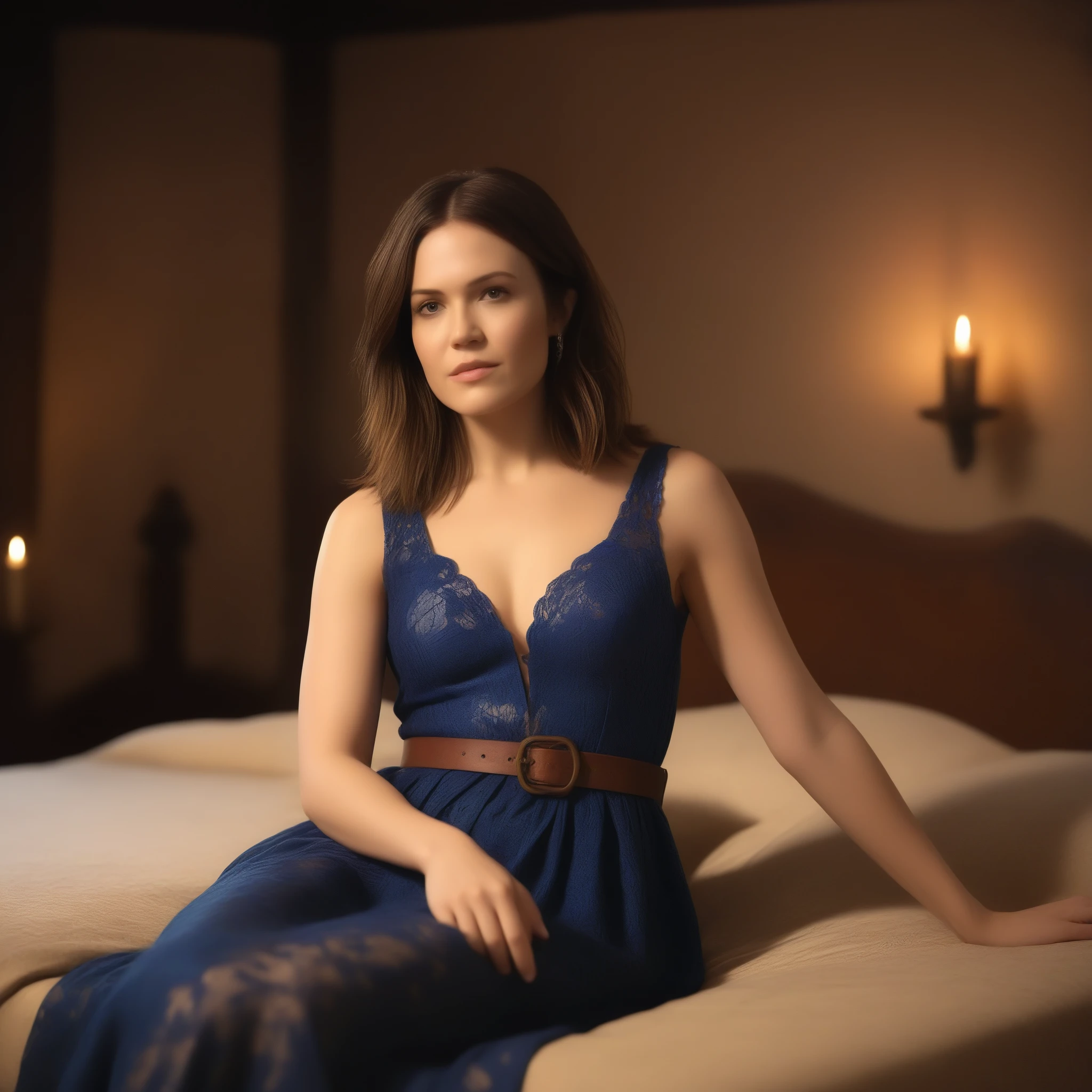 best quality, highres, 8k, masterpiece, photography, detailed midbody photorealistic portrait of Mandy Moore as Leliana from Dragon Age, seated on the edge of a grand four-poster bed within a castle bedroom, softly lit by flickering candles. Her auburn bob is styled loosely, framing her face. She wears delicate blue lace lingerie with intricate embroidery that hints at religious symbols, subtly echoing her Chantry background. The room is adorned with tapestries and old tomes, with a lute leaning against the bedpost, adding touches of Leliana's character to the serene, intimate setting. 40 years old, (real skin texture: 1.3), (slender figure: 1.1), six-pack abs, (Immersive Ambience, Chiaroscuro: 1.5, Dim Light: 1.2, Glow Lighting), (Bokeh: 1.5), Blurred, high contrast, (Fuji colours: 1.5), film grain