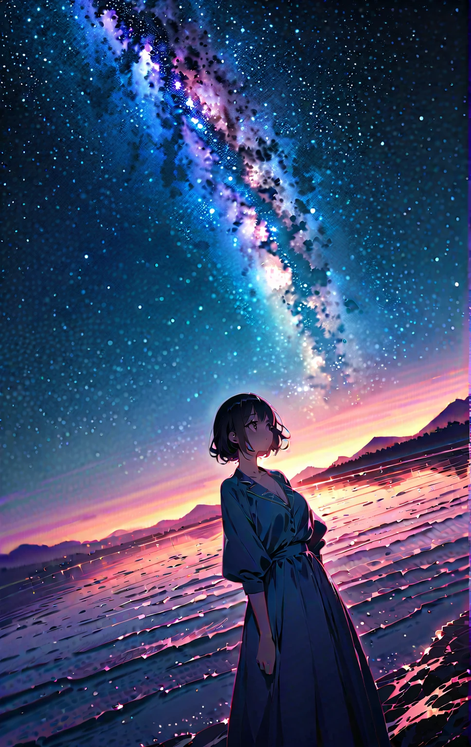 Official Art, Integrated 8K wallpapers,  very detailed,  masterpiece,  best image quality，Ultra Wide Angle，night， girl bust up,Clear your face ，Standing by the salt lake，The water is like a mirror，Reflecting the sky,Look up at the sky，The Milky Way is in the sky， dynamic angle that kept getting violated, Grace,  bright color