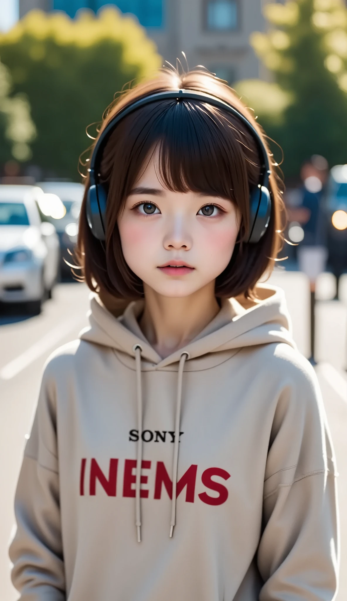sonyの headphonesを着用している:1.5、 headphones、 one girl playing pranks、Magical Girl、 COMPLETE ANATOMY、 small face、Fuller lips、Brown Hair、Distinctive hairstyle、A look of doubt、Modern hoodie、 knee socks、(((Blurred Background、Street Corner、day々View of)))、 inverted nipples 、 high definition、 high definition、 cinematic lighting 、Professional Photographer