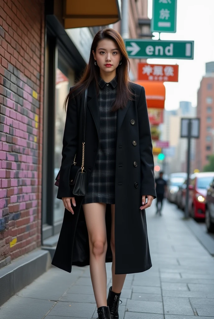 (((MasterPiece))), ((photography)), realistic, 8k, A stylish young woman standing on a sidewalk beside a graffiti-covered wall. She is wearing a dark plaid dress and a long black coat, exuding a confident and fashionable look. A black bag hangs from her shoulder, and she gazes forward with a calm, composed expression. Behind her is a street sign with 'End' and Chinese characters, adding an urban city vibe to the scene.