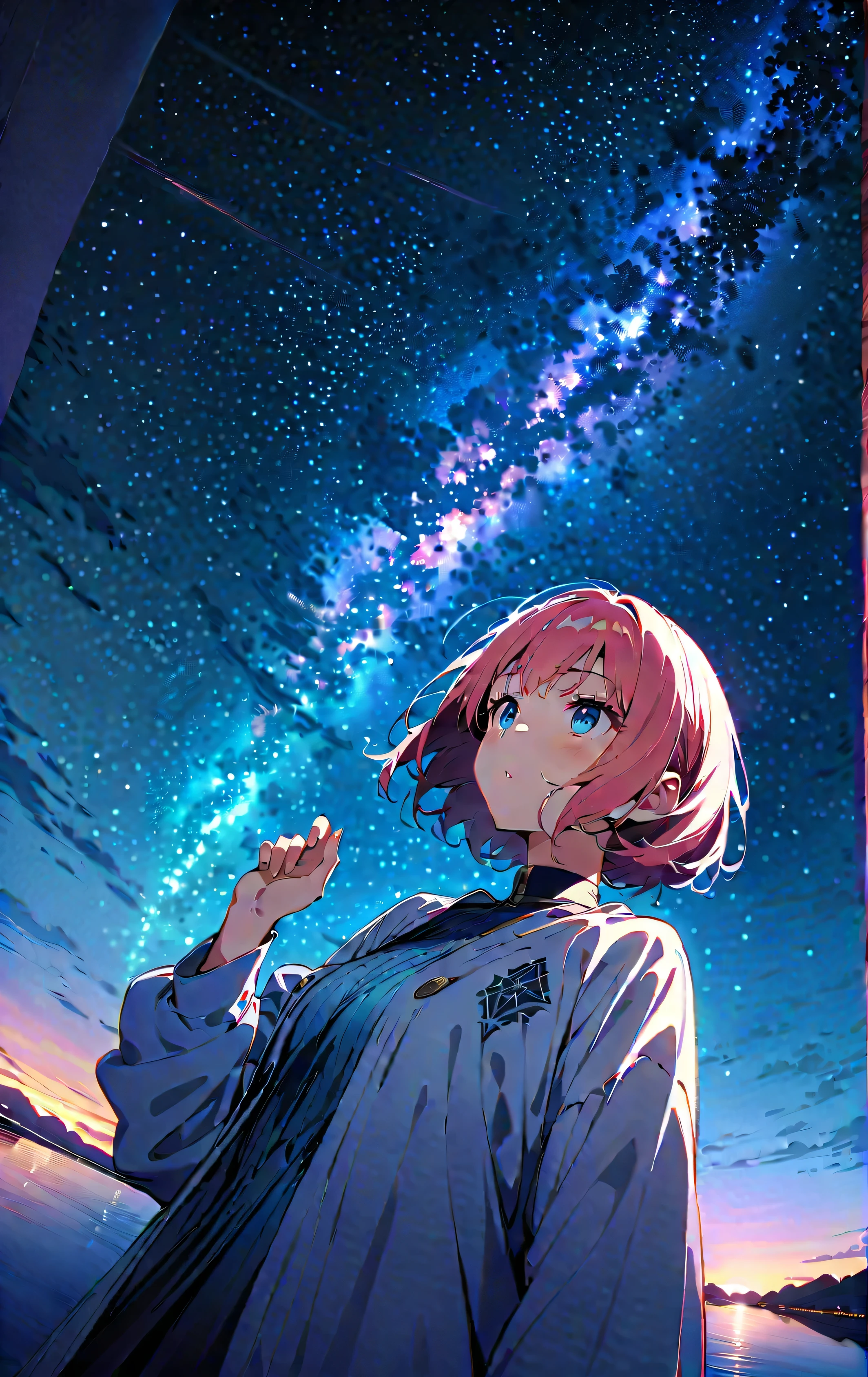 Official Art, Integrated 8K wallpapers,  very detailed,  masterpiece,  best image quality，Ultra Wide Angle，night， girl bust up,Clear your face ，Standing by the salt lake，The water is like a mirror，Reflecting the sky,Look up at the sky，The Milky Way is in the sky， dynamic angle that kept getting violated, Grace,  bright color