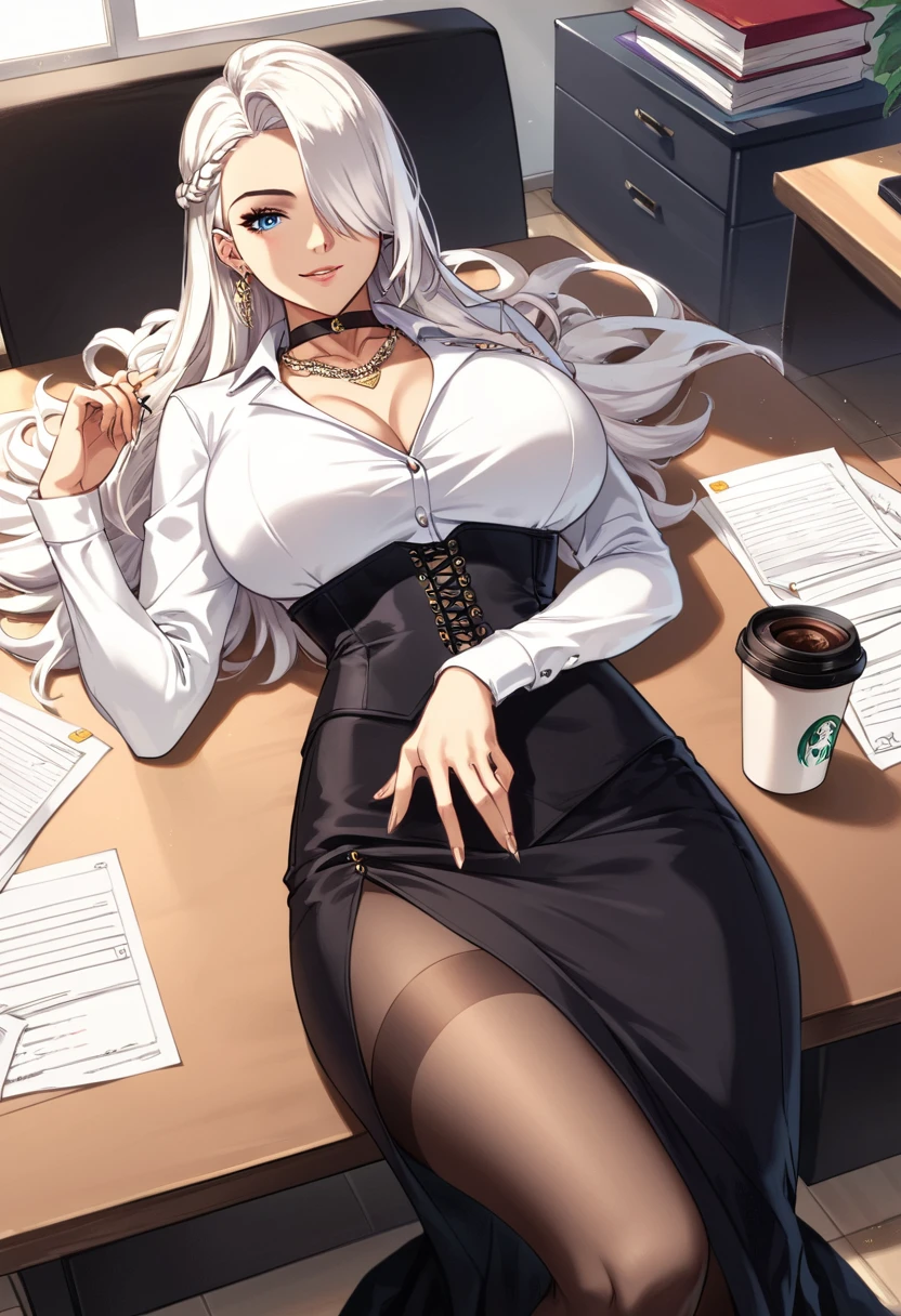 score_9, score_8, score_7, source_  animated, 1mature_FE, Only 1 woman ,  Administrator ,  lying on a large desk , smile, thin lip,  elegant gold chain necklace,  black choker , office clothes,  white long sleeve shirt , black corset, black flick, very long skirt ,  black lace stockings ,  white hair , cabello muy largo,  1 braid behind the ear , Hair covers one eye, blue eyes,  big breasts , Office background,  table full of papers , 1 coffee cup , cuerpo perFEcto, anatomía perFEcta, brazos perFEctos, dedos perFEctos, Piernas perFEctas, Ambient light.