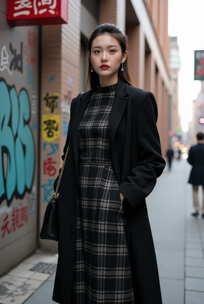 (((MasterPiece))), ((photography)), realistic, 8k, A stylish young woman standing on a sidewalk beside a graffiti-covered wall. She is wearing a dark plaid dress and a long black coat, exuding a confident and fashionable look. A black bag hangs from her shoulder, and she gazes forward with a calm, composed expression. Behind her is a street sign with 'End' and Chinese characters, adding an urban city vibe to the scene.