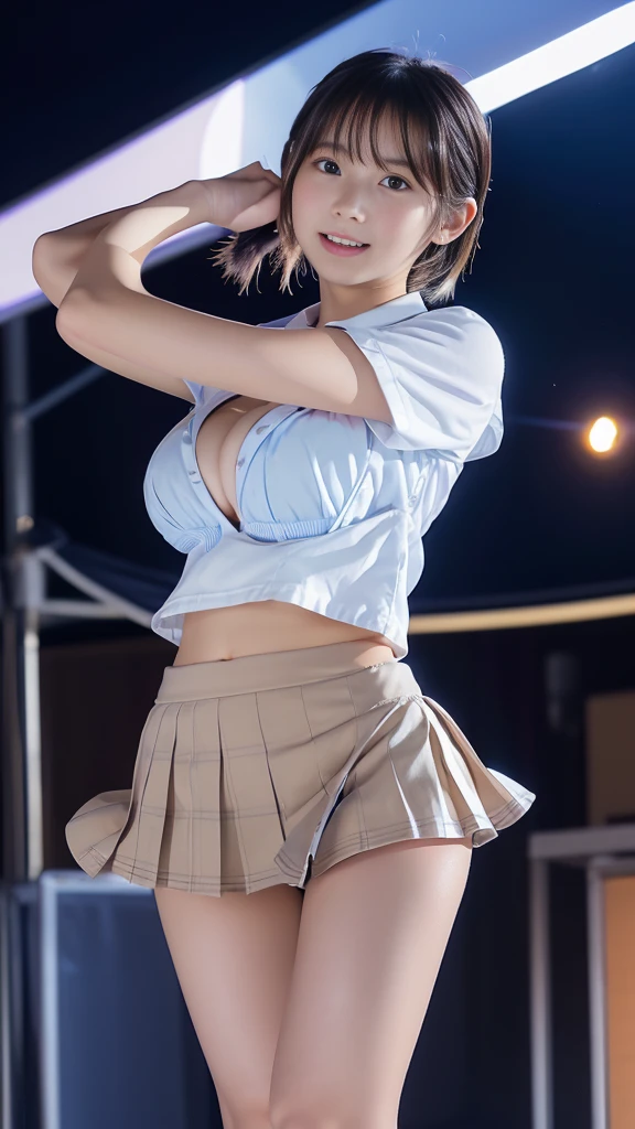 Japan school girl、super short pleated mini skirt、on the idol concert small outdoor stage, large screen, neon sign, blue sky, ((14age)), Phenomenally cute, (baby face), (((no makeup))), very short hair, (light brown hair:1.3), (pigtails), smile, open mouth, (huge breasts:1.7), (beautiful legs focus:1.2), (white shirt), (collared shirt), short sleeves, (white string panties is seen because of her skirt is too short), outdoor, blue skirt, (plump body), standing, (full body shot), Very beautiful thighs、loafers, (dancing:1.3), one arm up, jumping, (singing a song)、(short height), Height: 140cm, looking at viewer