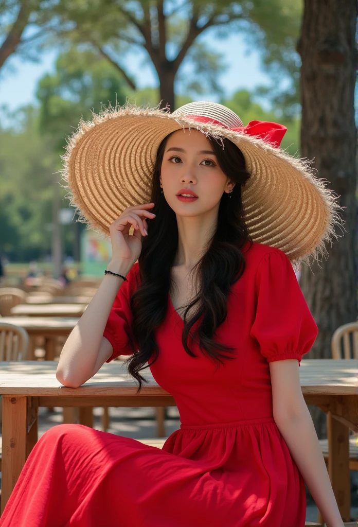 ((masterpiece)), (Photography), (realistic), ultra detailed, 8K, young woman with long black wavy hair, wearing a vibrant red dress, sitting outdoors under the shade of trees. She is holding a large straw hat with a ribbon tied in a bow, partially covering her face, creating a soft and mysterious look. The background features wooden tables and chairs, and the scene is bathed in natural light with a blue sky and tree branches overhead. The atmosphere is calm, with a gentle and serene mood, captured in a dreamy, soft-focus style.”