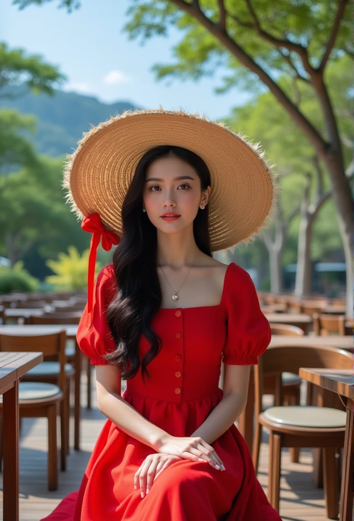 ((masterpiece)), (Photography), (realistic), ultra detailed, 8K, young woman with long black wavy hair, wearing a vibrant red dress, sitting outdoors under the shade of trees. She is holding a large straw hat with a ribbon tied in a bow, partially covering her face, creating a soft and mysterious look. The background features wooden tables and chairs, and the scene is bathed in natural light with a blue sky and tree branches overhead. The atmosphere is calm, with a gentle and serene mood, captured in a dreamy, soft-focus style.”