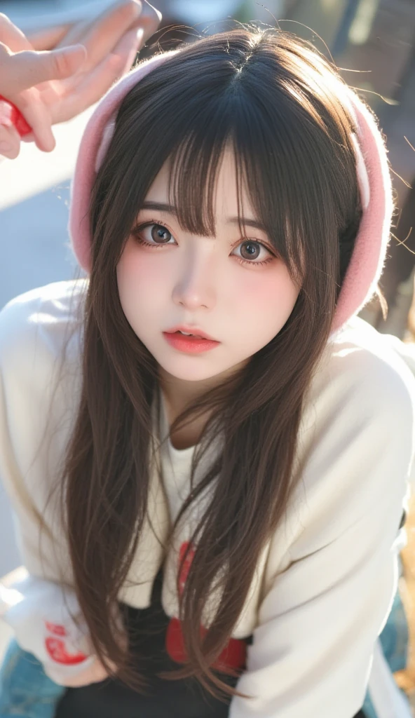 sonyの headphonesを着用している:1.5、 headphones、 one girl playing pranks、Magical Girl、 COMPLETE ANATOMY、 small face、Fuller lips、Brown Hair、Distinctive hairstyle、A look of doubt、Modern hoodie、 knee socks、(((Blurred Background、Street Corner、day々View of)))、 inverted nipples 、 high definition、 high definition、  cinematic lighting 、Professional Photographer