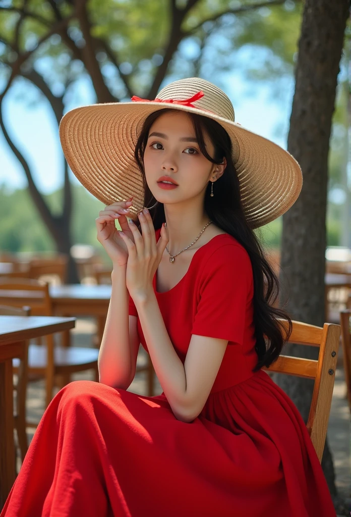 ((masterpiece)), (Photography), (realistic), ultra detailed, 8K, young woman with long black wavy hair, wearing a vibrant red dress, sitting outdoors under the shade of trees. She is holding a large straw hat with a ribbon tied in a bow, partially covering her face, creating a soft and mysterious look. The background features wooden tables and chairs, and the scene is bathed in natural light with a blue sky and tree branches overhead. The atmosphere is calm, with a gentle and serene mood, captured in a dreamy, soft-focus style.”