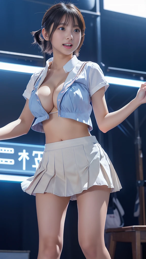 Japan school girl、super short pleated mini skirt、on the idol concert small outdoor stage, large screen, neon sign, blue sky, ((14age)), Phenomenally cute, (baby face), (((no makeup))), very short hair, (light brown hair:1.3), (pigtails), smile, open mouth, (huge breasts:1.7), (beautiful legs focus:1.2), (white shirt), (collared shirt), short sleeves, (white string panties is seen because of her skirt is too short), outdoor, blue skirt, (plump body), standing, (full body shot), Very beautiful thighs、loafers, (dancing:1.3), one arm up, jumping, (singing a song)、(short height), Height: 140cm, looking at viewer