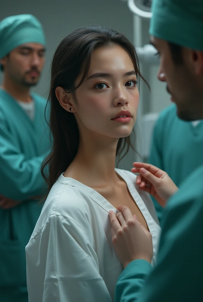 Realistic, hijab girl, round face, skinny, wearing unbutton sleeveless white satin singlet, doing mammogram, clean armpit, y pose, help by 2 male technologist. both hand doing mammogram breast compression, sad face,