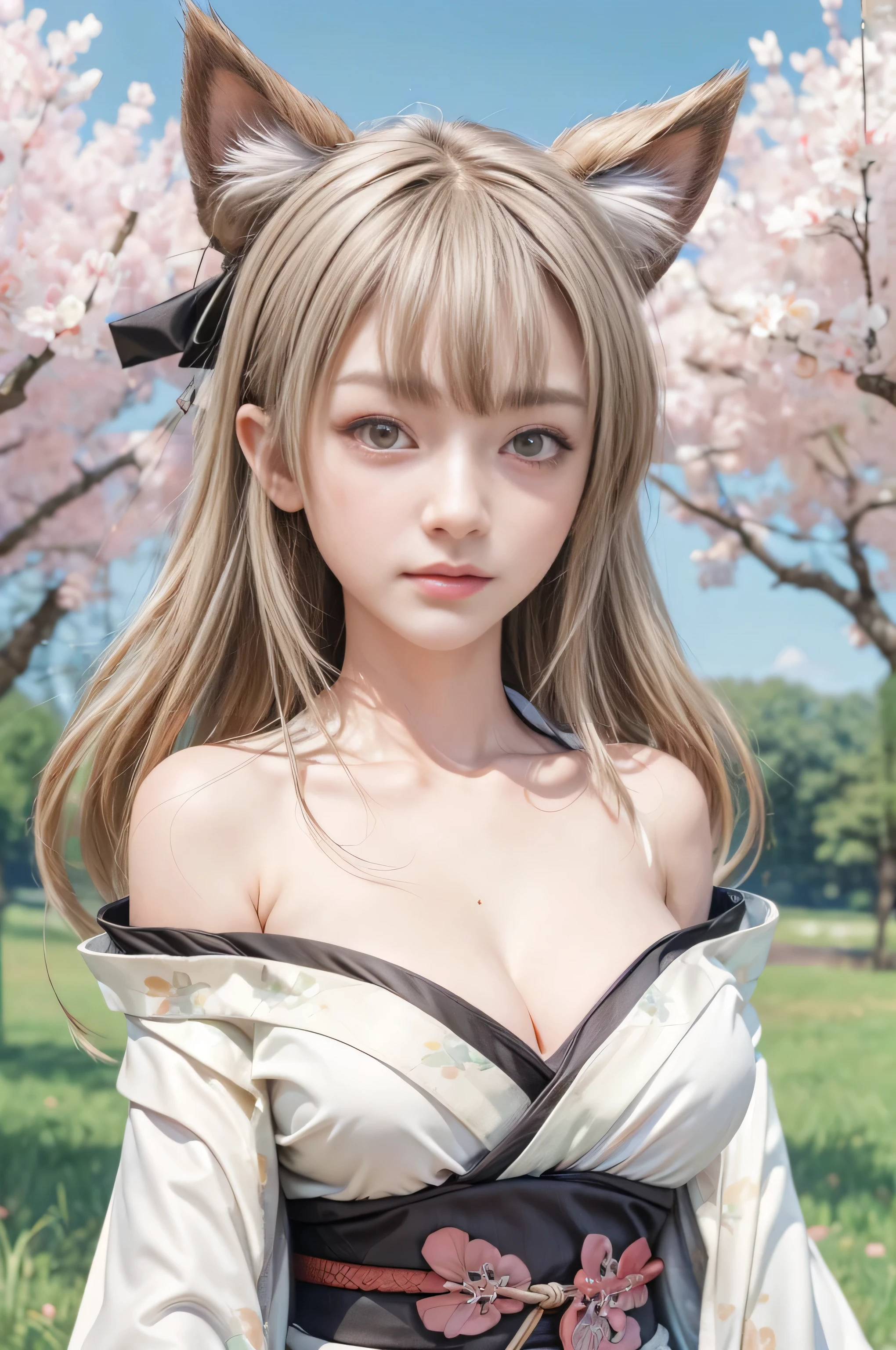 masterpiece, best quality, (realistic,photo-realistic:1.4), (RAW photo:1.2), extremely detailed CG unity 8k wallpaper, delicate and beautiful, amazing, finely detail,official art, absurdres, incredibly absurdres, huge filesize, ultra-detailed, extremely detailed, extremely detailkcaled girl,extremely detailed eyes and face, light on face,little smiles,(long hair:1.3),(nature background:1.4),nature,medium breast,(wearing kimono:1.5),black ribbon,cat ears,(red eyes:1.5)