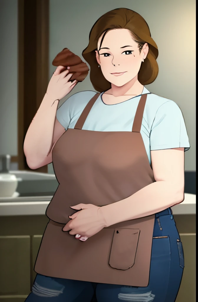 Create an image of a woman,54 years old, long straight brown hair tied in a low ponytail,Green eyes, full lips, simple housewife clothes,She is in a kitchen during the day cutting meat, she has a mole under her right eye,Fat body, fat belly,She wears a pink apron, a green shirt, and blue jeans.