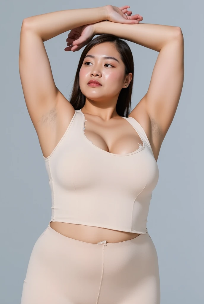 A curvaceous Korean girl with a voluptuous bust stands confidently, her arms raised high and her toned physique on full display. She wears a torn, fitted tank top that showcases her fair skin, while her sleek spandex shorts accentuate her athletic build. The focus is on her armpits, where the fabric of her tank top has torn, revealing a highly detailed and textured expanse of smooth armpit line. The overall effect is one of raw sensuality and unapologetic confidence.