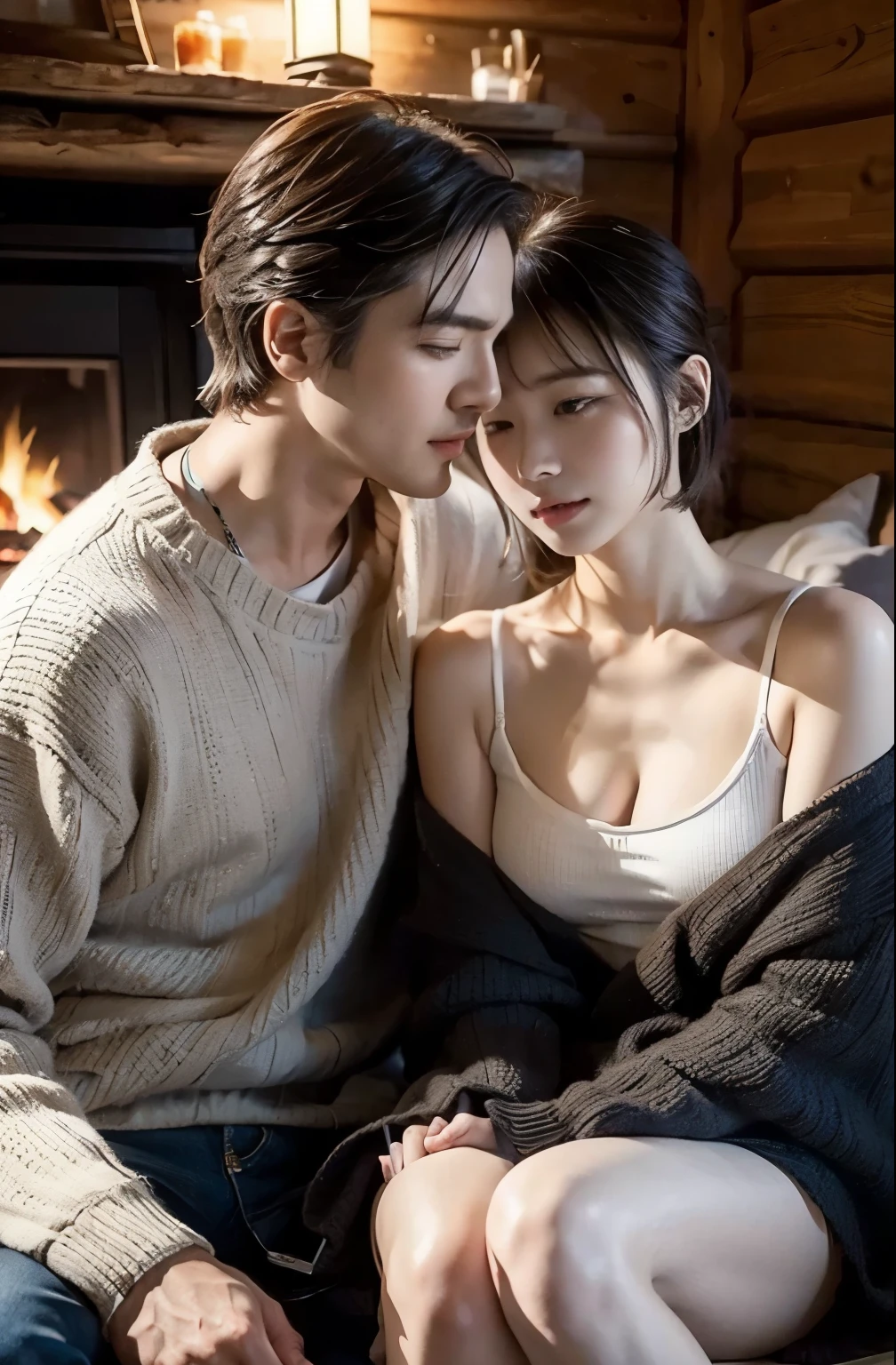 The gorgeous mature woman of 45 years old lovingly caresses the handsome young 18 years old nephew. Candle light. Sofa bed.