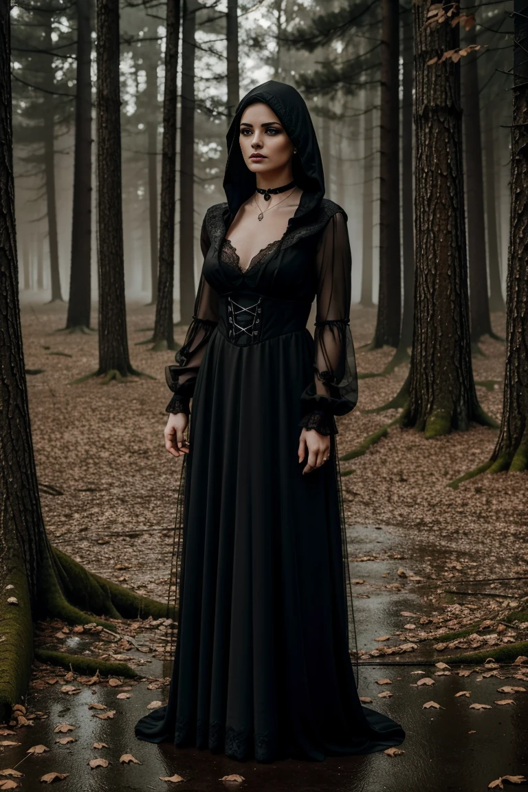 40 year old woman, vampire, beauty, attractive, ultra detailed face, defiant attitude, full length, gothic dress, based on Bram Stoker's Dracula movie, moonlight scene in Victorian garden, highest quality, 8k, setting ultra detailed, reflections and shadows