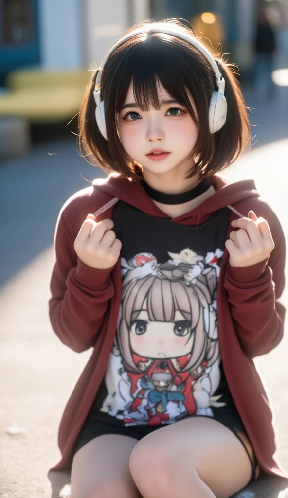 sonyの headphonesを着用している:1.5、 headphones、 one girl playing pranks、Magical Girl、 COMPLETE ANATOMY、 small face、Fuller lips、Brown Hair、Distinctive hairstyle、A look of doubt、Modern hoodie、 knee socks、(((Blurred Background、Street Corner、day々View of)))、 inverted nipples 、 high definition、 high definition、  cinematic lighting 、Professional Photographer