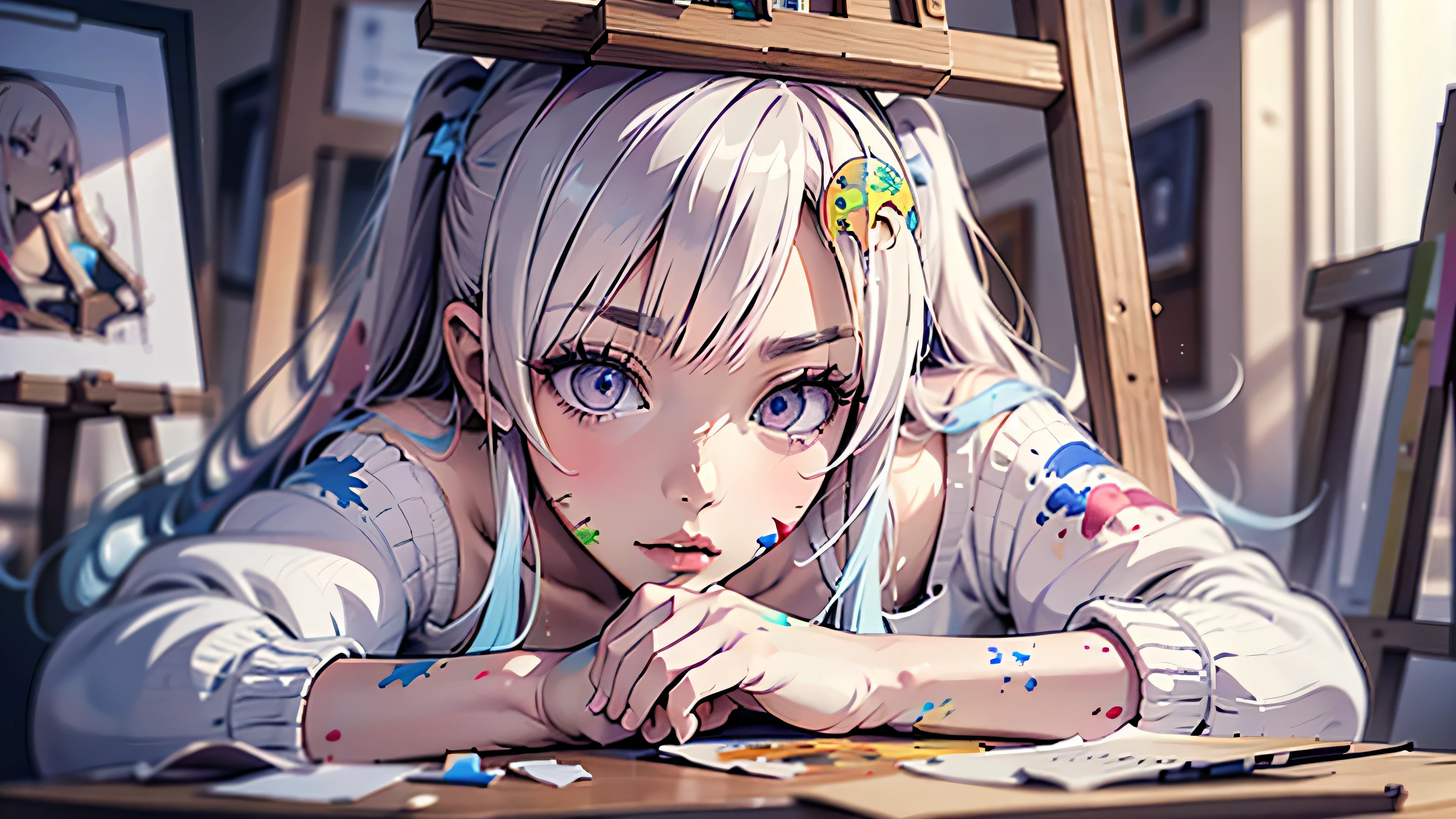 a cute young girl sleeping in a messy art studio, sleepy face, beautiful detailed eyes, beautiful detailed lips, extremely detailed eyes and face, long eyelashes, 1girl, relaxed expression, messy hair, art supplies, paint brushes, easel, canvas, anime, anime style