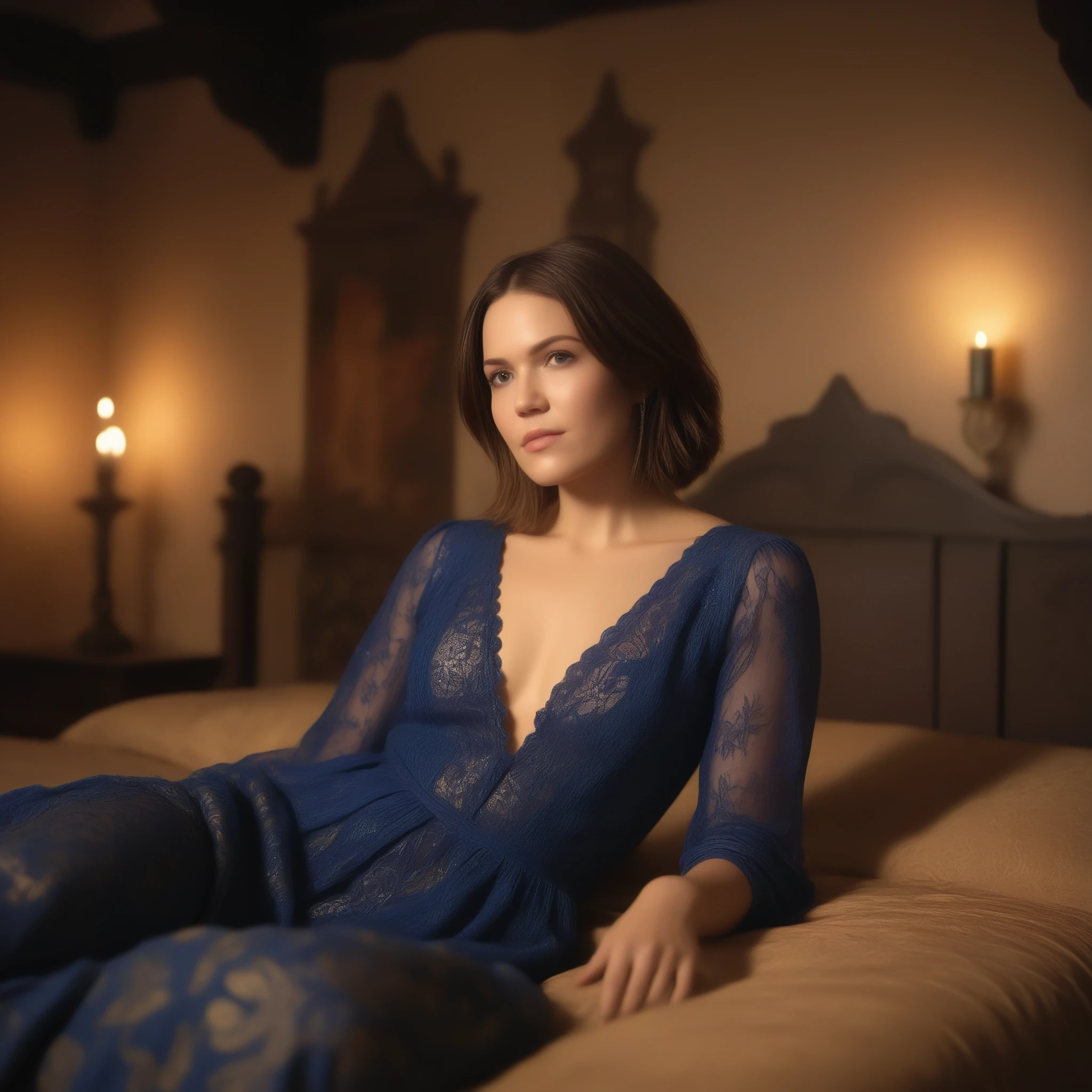 best quality, highres, 8k, masterpiece, photography, detailed midbody photorealistic portrait of Mandy Moore as Leliana from Dragon Age, seated on the edge of a grand four-poster bed within a castle bedroom, softly lit by flickering candles. Her auburn bob is styled loosely, framing her face. She wears delicate blue lace lingerie with intricate embroidery that hints at religious symbols, subtly echoing her Chantry background. The room is adorned with tapestries and old tomes, with a lute leaning against the bedpost, adding touches of Leliana's character to the serene, intimate setting. 40 years old, (real skin texture: 1.3), (slender figure: 1.1), six-pack abs, (Immersive Ambience, Chiaroscuro: 1.5, Dim Light: 1.2, Glow Lighting), (Bokeh: 1.5), Blurred, high contrast, (Fuji colours: 1.5), film grain