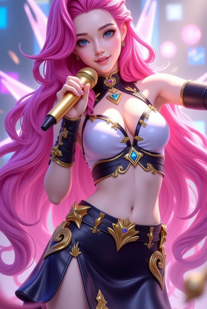 (((   anime character girl holding a golden microphone， Pink Haired ， blue eyes，Sexy，grace，角色Skin design ，Skin details，)))， anime game character design，Skin design   ， black mecha+cheongsam skirt ，   perfect figure  ，3d，Holography ,  Game Light Effects , Soft Light, Bright and dazzling  
，Super cool action 