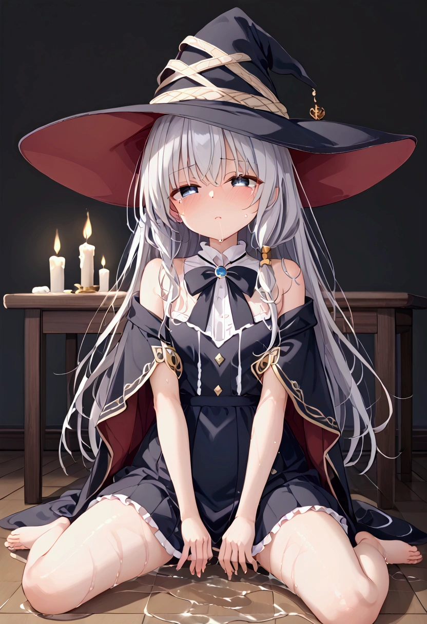 High image quality 、masterpiece、  high quality、Full HD、4K、church、Put your hands on your thighs、  sit on a chair、Eye highlights removed 、Darkening in eyes 、Silver Hair、 blue eyes 、naked、 white blouse、 witch hat 、 black skirt、 show me wet white panties、 and close your thighs、Small breasts、Peeing、Pee、 puddle、A patient face、trembling、Feelings of despair、Frightened、Crying face、tears