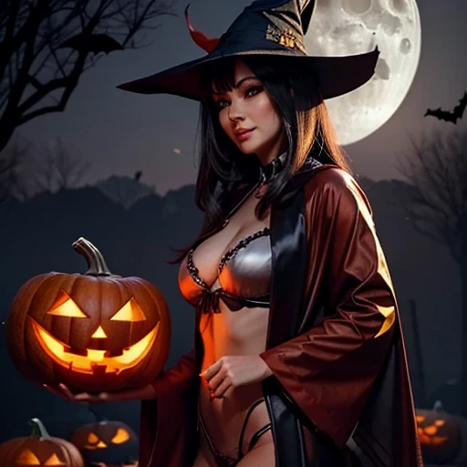 Halloween girl with a pumpkin in her hands is very sexy ,  beautiful in a robe in a fox mask against the background of the silver moon art 3d