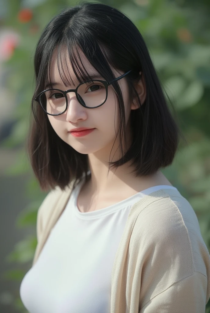 Top Quality, Masterpiece, Ultra High Definition, (Photorealistic: 1.4), (Look Off: 1.4), (Look Off: 1.4), No Look at Camera, Raw Photo, One Girl, Dark Hair, (Straight Bobs: 1.4), (Patsun: 1.4), Bangs, Glasses, Smile, Glossy Skin, Dramatic Lighting, Neat, T-Shirt, White Summer Sweater, (Big: 0.9), parks