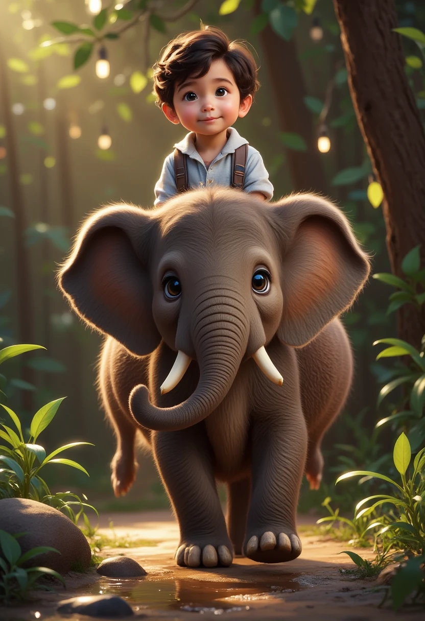 The boy and the tiger continue their adventure through the forest. As the elephant splashes water and moves gracefully, the boy giggles from his high seat, feeling the wind and sunlight. The forest is alive with the friendship between the boy and the elephant, as they play in harmony with nature, Disney Pixar Style