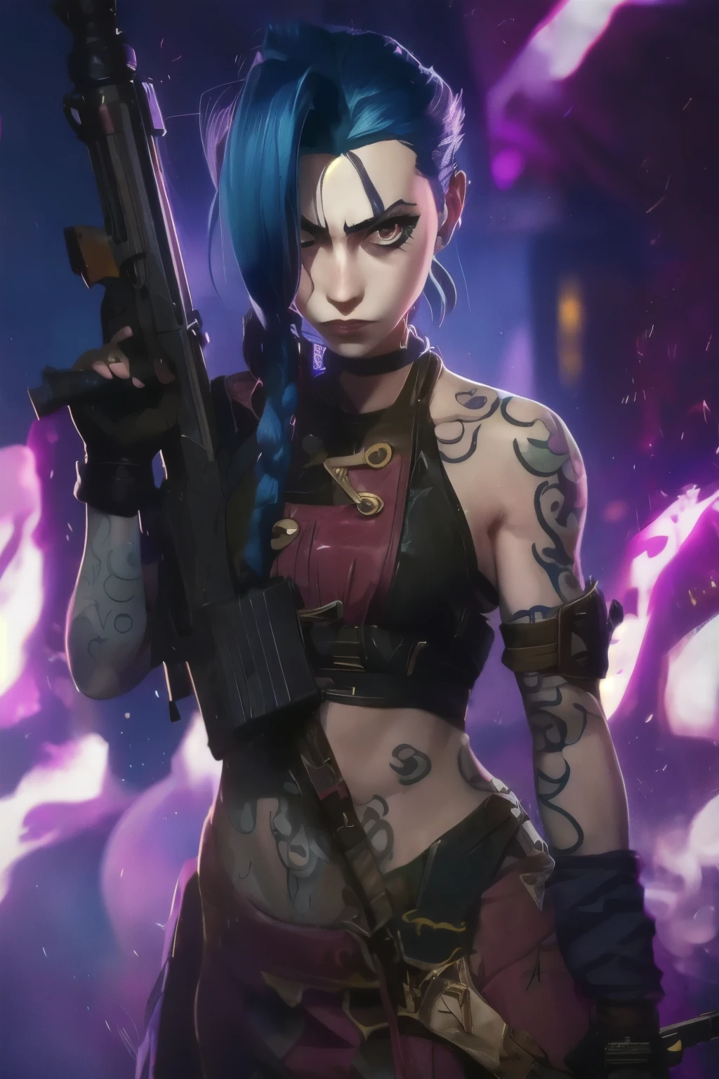 Jinx, Half body shot . Best quality, holding gun, tattoo:0.35, detailed, intricate, 4K.