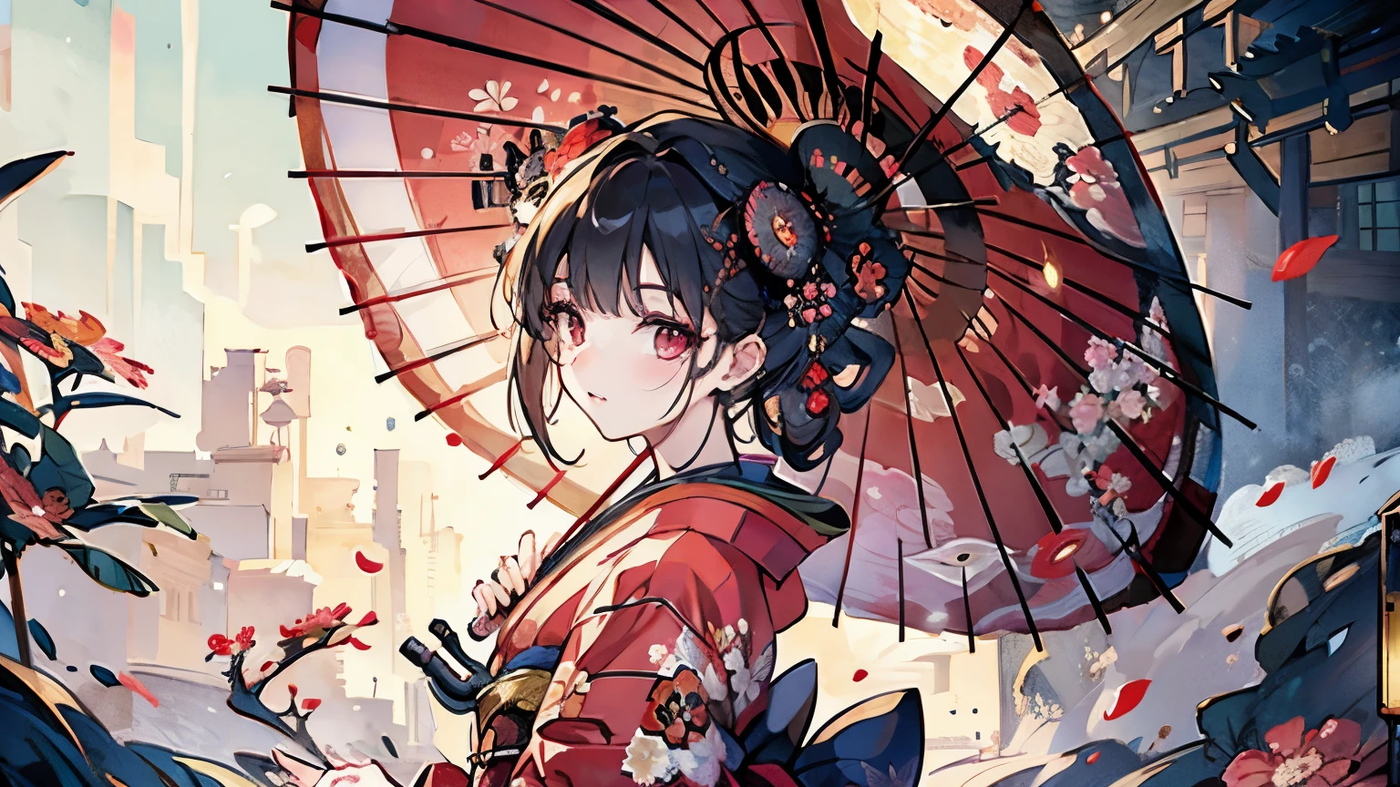 ((Best Quality)),( ultra high resolution),( very detailed),( detailed instructions),(( best CG )),(a masterpiece),Ultra Precise Art ,Great painting,( Japanese Art with Precise Details:1.5), (woman:1.5),( Beautiful Well-balanced Face :1.5),( Kimono with Intricate and Detailed Designs :1.5),(Snake Eye Umbrella :1.7),Beautiful woman looking back:1.3, Rainy Weather:1.4