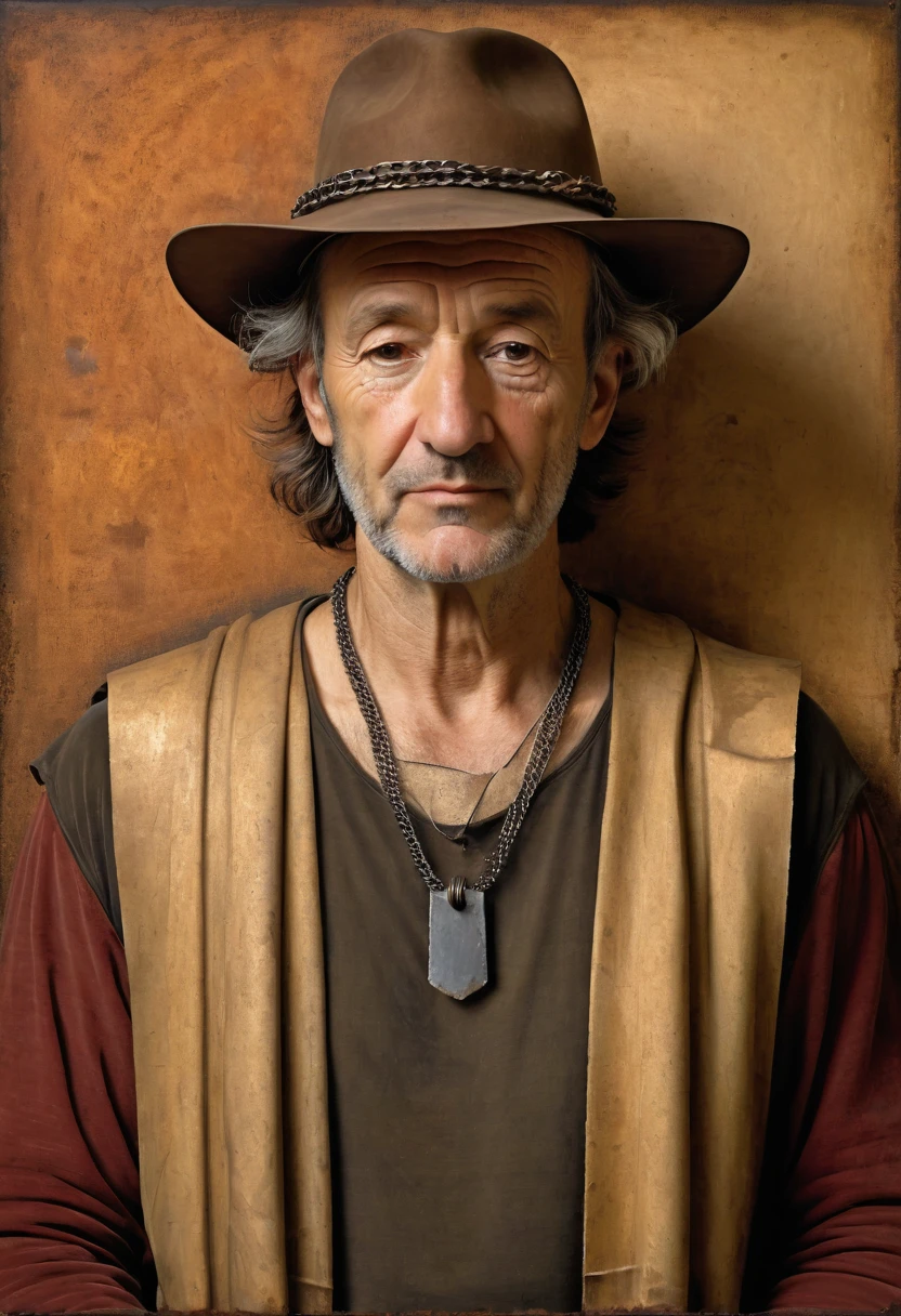 painting of a man with shoulders with a hat simulating cardboard, the wrinkles are noticeable, he wears a realistic rustic metal necklace, face applied with a spatula, on a sheet of rusty metal, with cuts in sections, joined by rustic welds as a background, inspired by Giorgione , Al Rembrandt style, inspired by Adriaen Is Messinaenbrant, inspired by Robert Campin, inspired by Mariotto Albertinelli, portrait in the style of Craola, inspired by Giovanni Bellini, inspired by Antonello da, perfect composition,